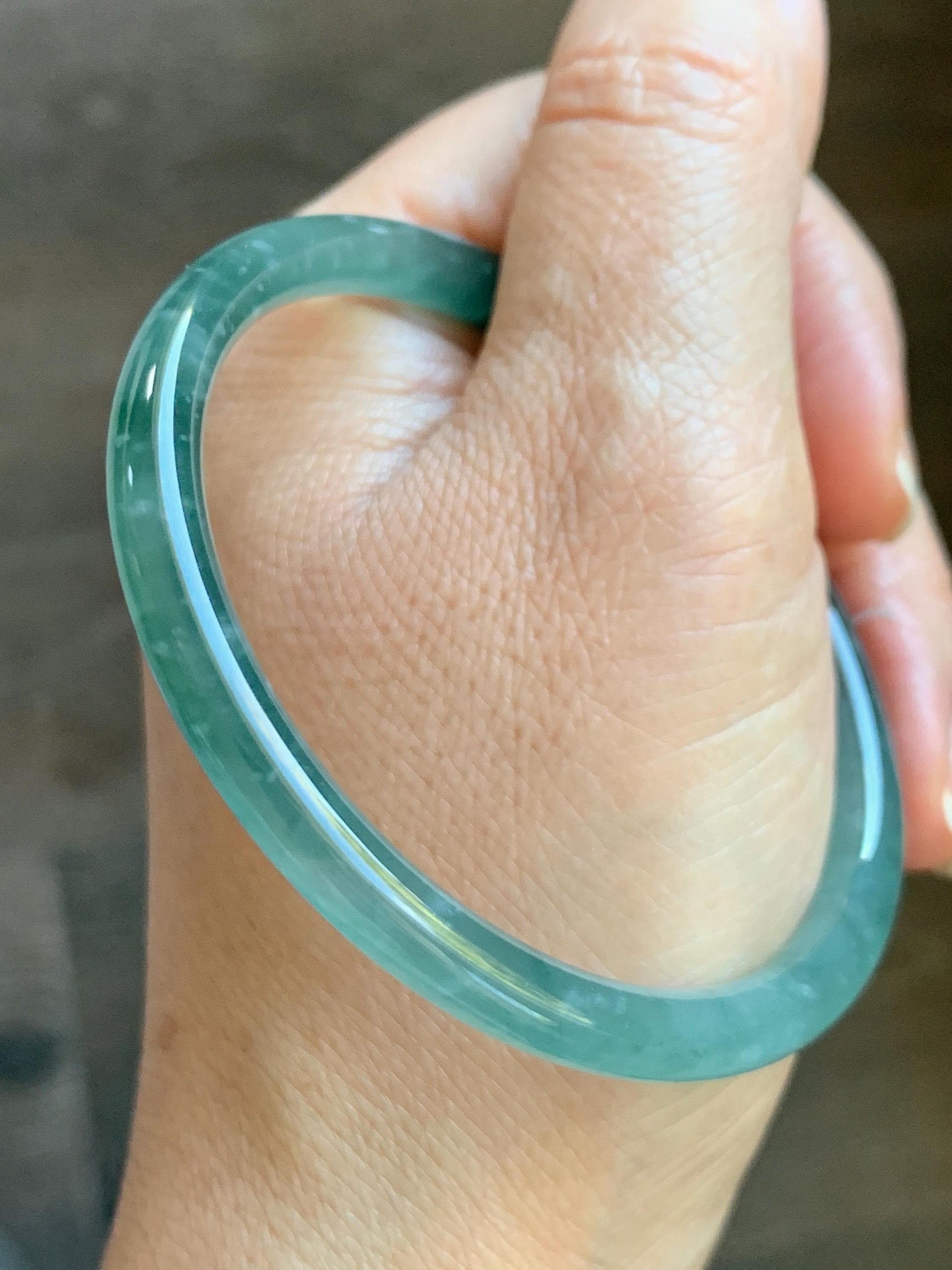 Certified Natural Grade A Guatemalan Icy Translucent Dark Teal Blue Jade Jadeite Slim Bangle Bracelet 55.78mm 6.89” 天然冰危深蓝绿翡翠细圆条手镯 073