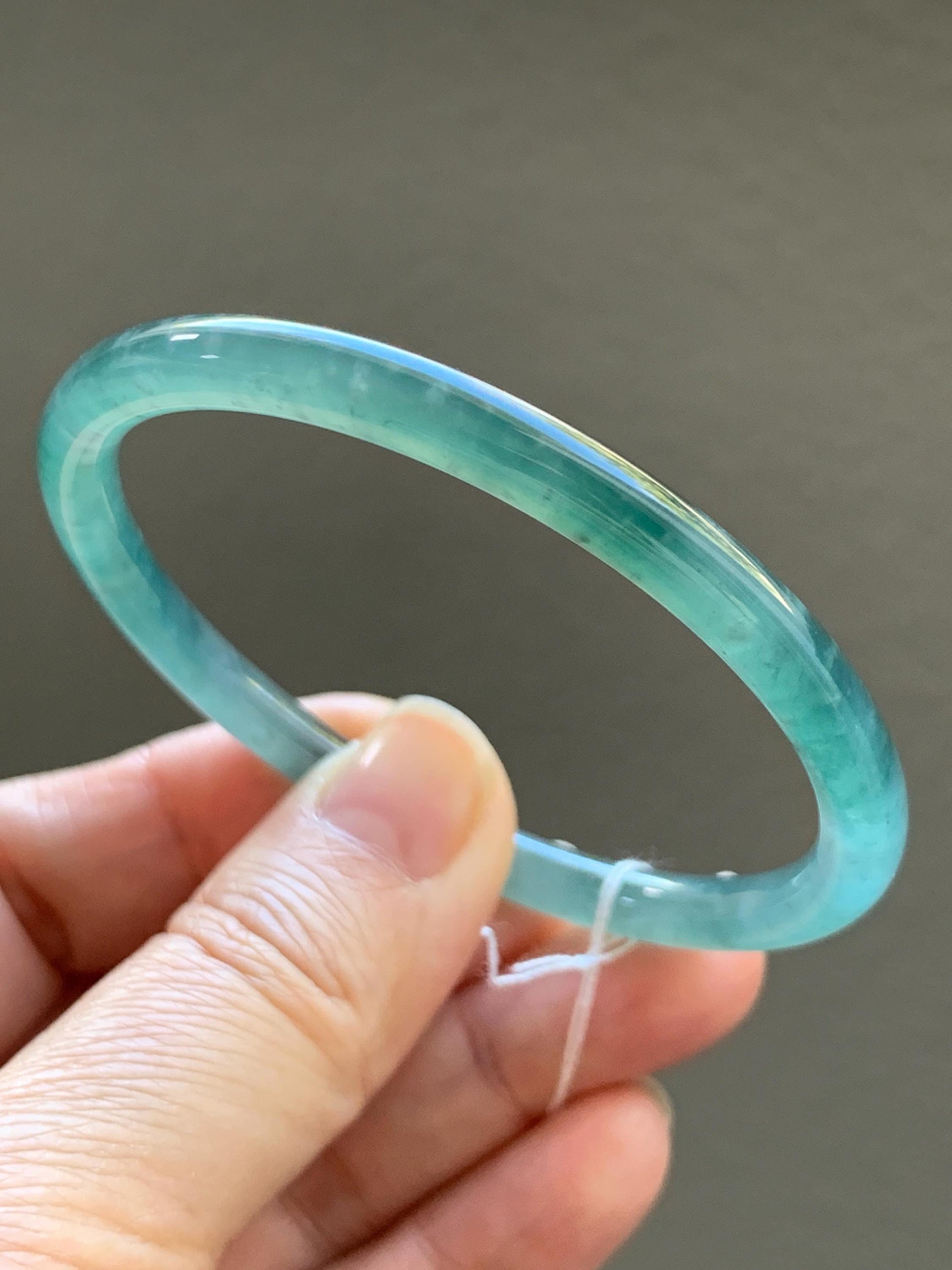 Certified Natural Grade A Guatemalan Icy Translucent Dark Teal Blue Jade Jadeite Slim Bangle Bracelet 55.78mm 6.89” 天然冰危深蓝绿翡翠细圆条手镯 073