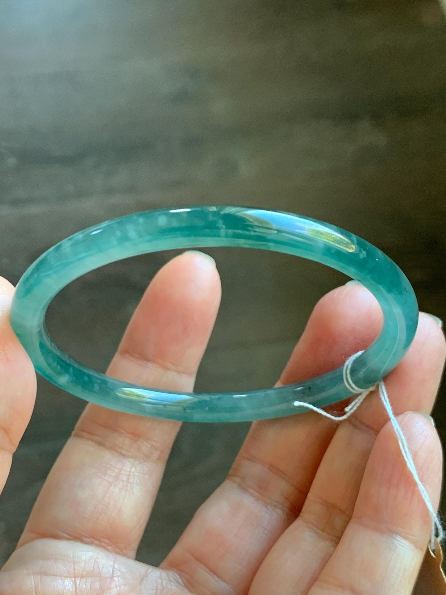 Certified Natural Grade A Guatemalan Icy Translucent Dark Teal Blue Jade Jadeite Slim Bangle Bracelet 55.78mm 6.89” 天然冰危深蓝绿翡翠细圆条手镯 073