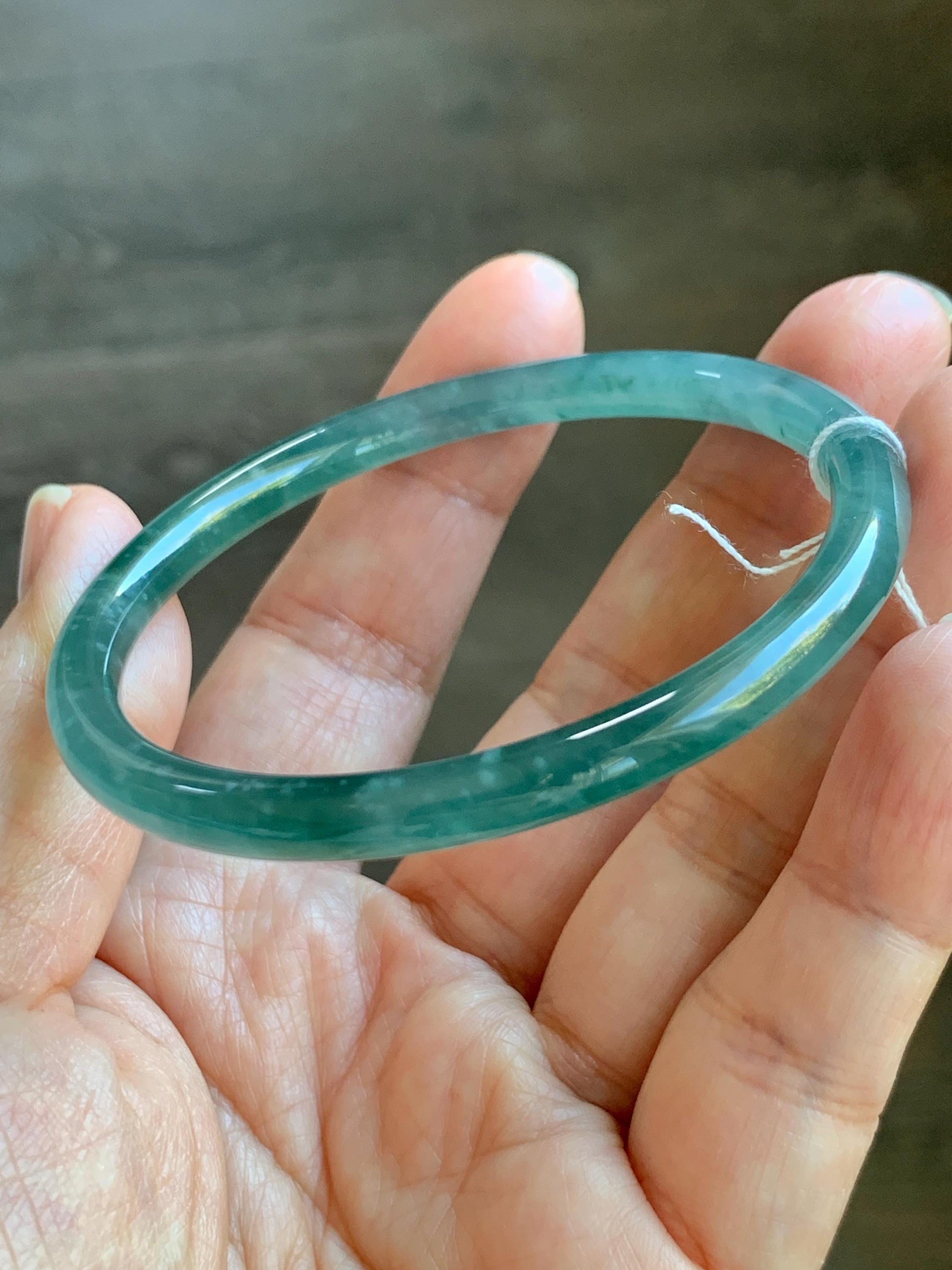 Certified Natural Grade A Guatemalan Icy Translucent Dark Teal Blue Jade Jadeite Slim Bangle Bracelet 55.78mm 6.89” 天然冰危深蓝绿翡翠细圆条手镯 073