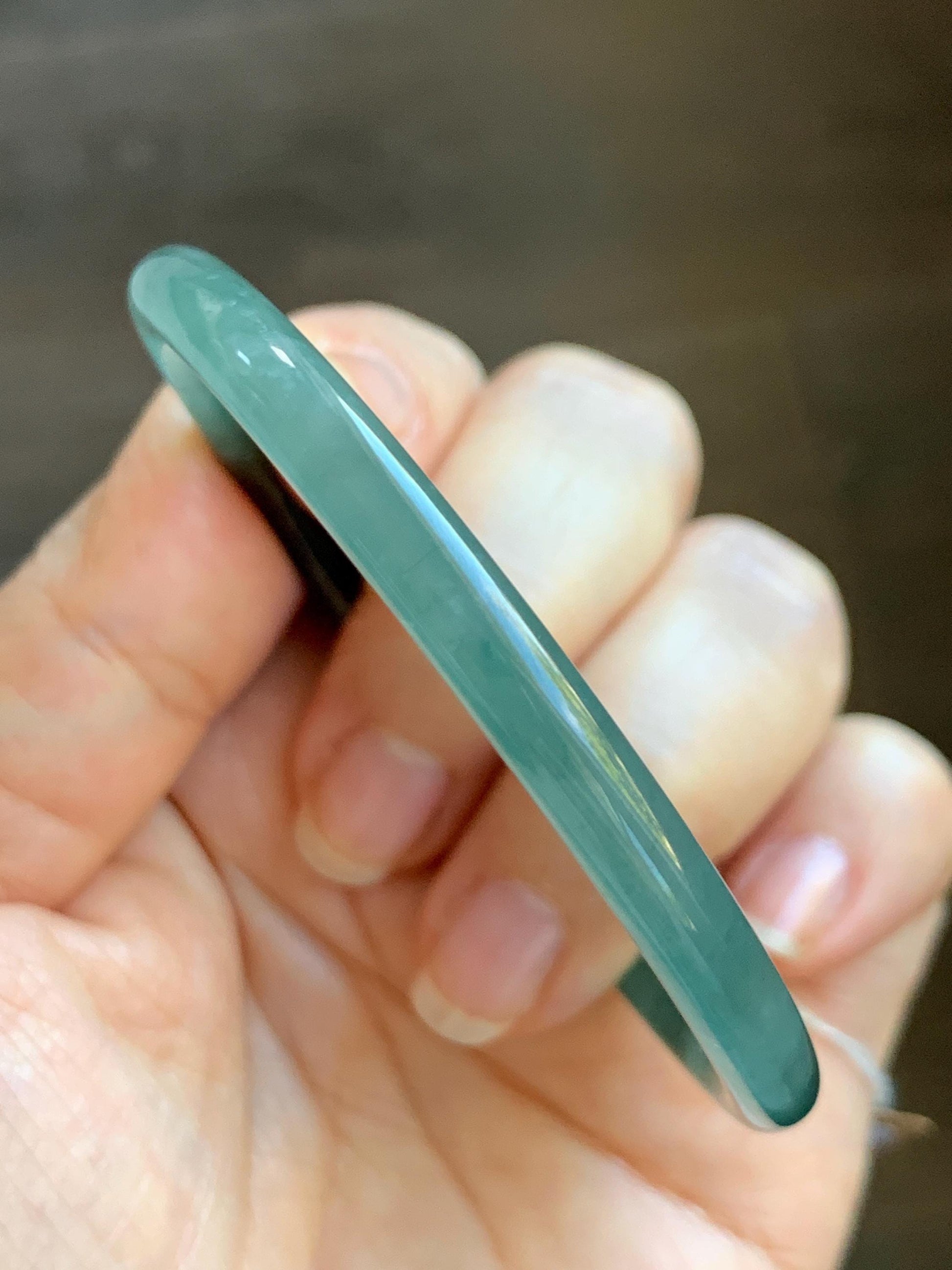 Certified Natural Grade A Guatemalan Icy Translucent Dark Teal Blue Jade Jadeite Slim Bangle Bracelet 55.78mm 6.89” 天然冰危深蓝绿翡翠细圆条手镯 073