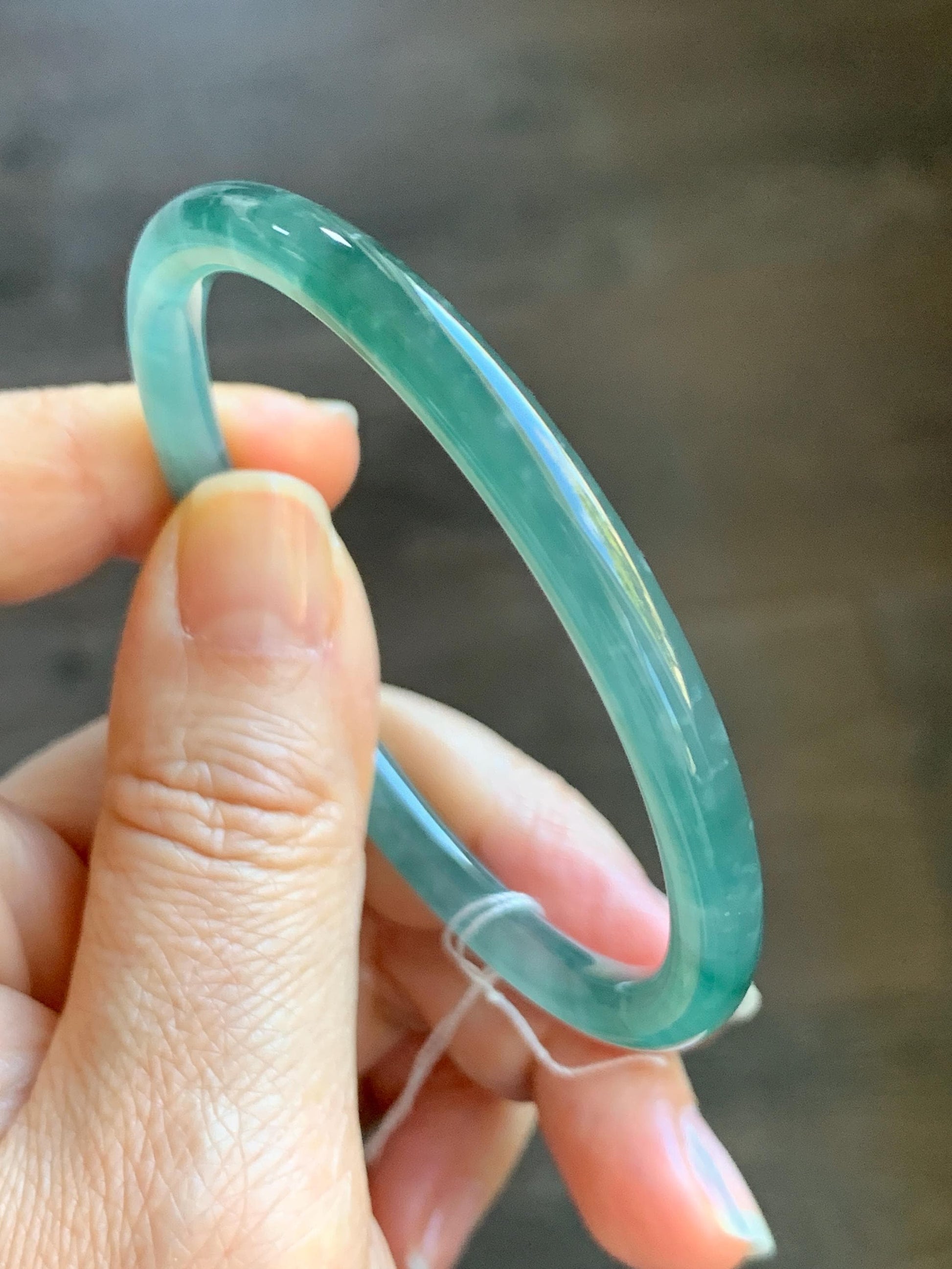 Certified Natural Grade A Guatemalan Icy Translucent Dark Teal Blue Jade Jadeite Slim Bangle Bracelet 55.78mm 6.89” 天然冰危深蓝绿翡翠细圆条手镯 073