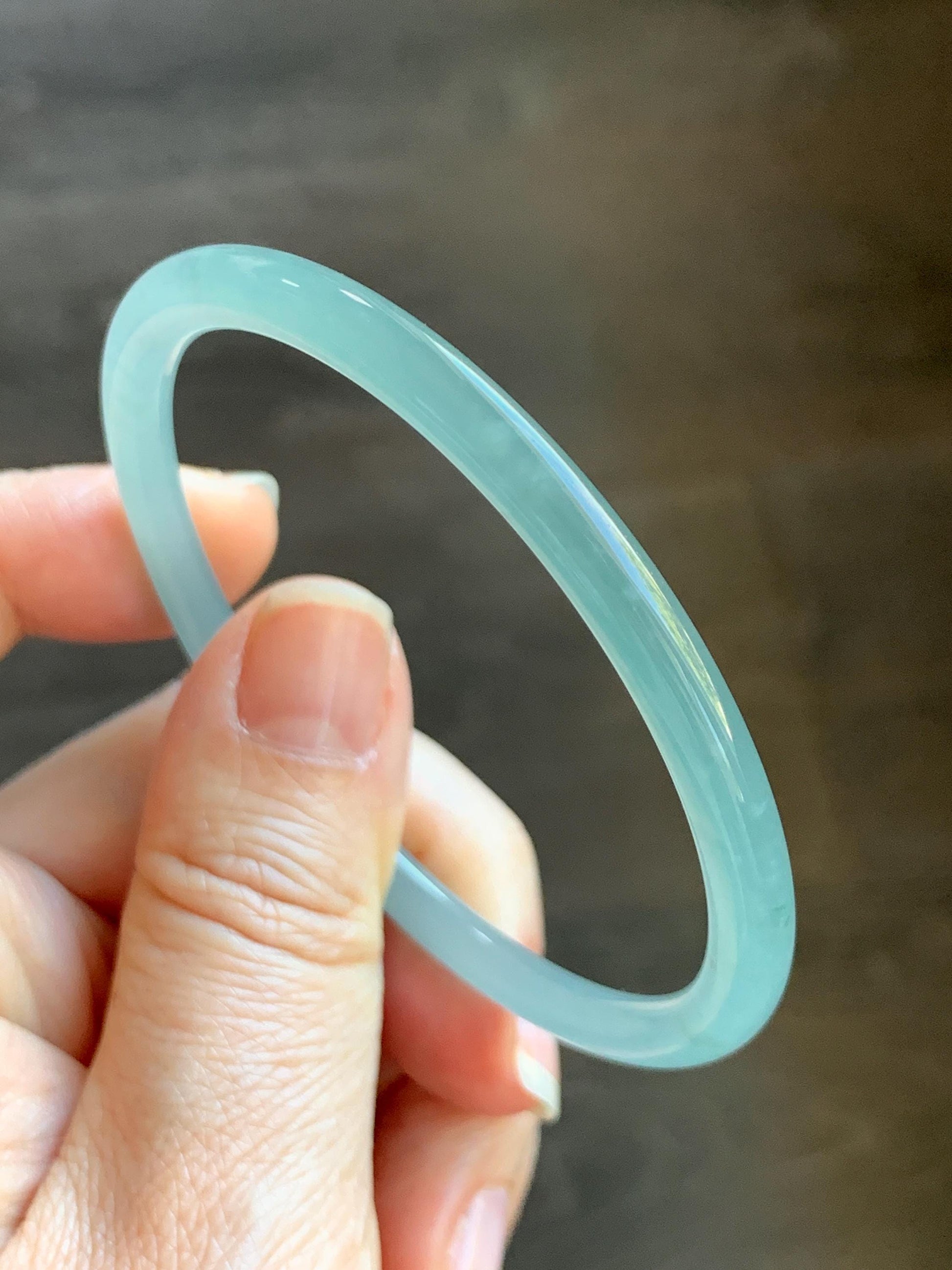 Certified Natural Grade A Guatemalan Icy Translucent Light Dusty Teal Blue Jade Jadeite Bangle Bracelet 57.67mm 7.13" 天然冰危浅蓝绿翡翠圆条手镯 079