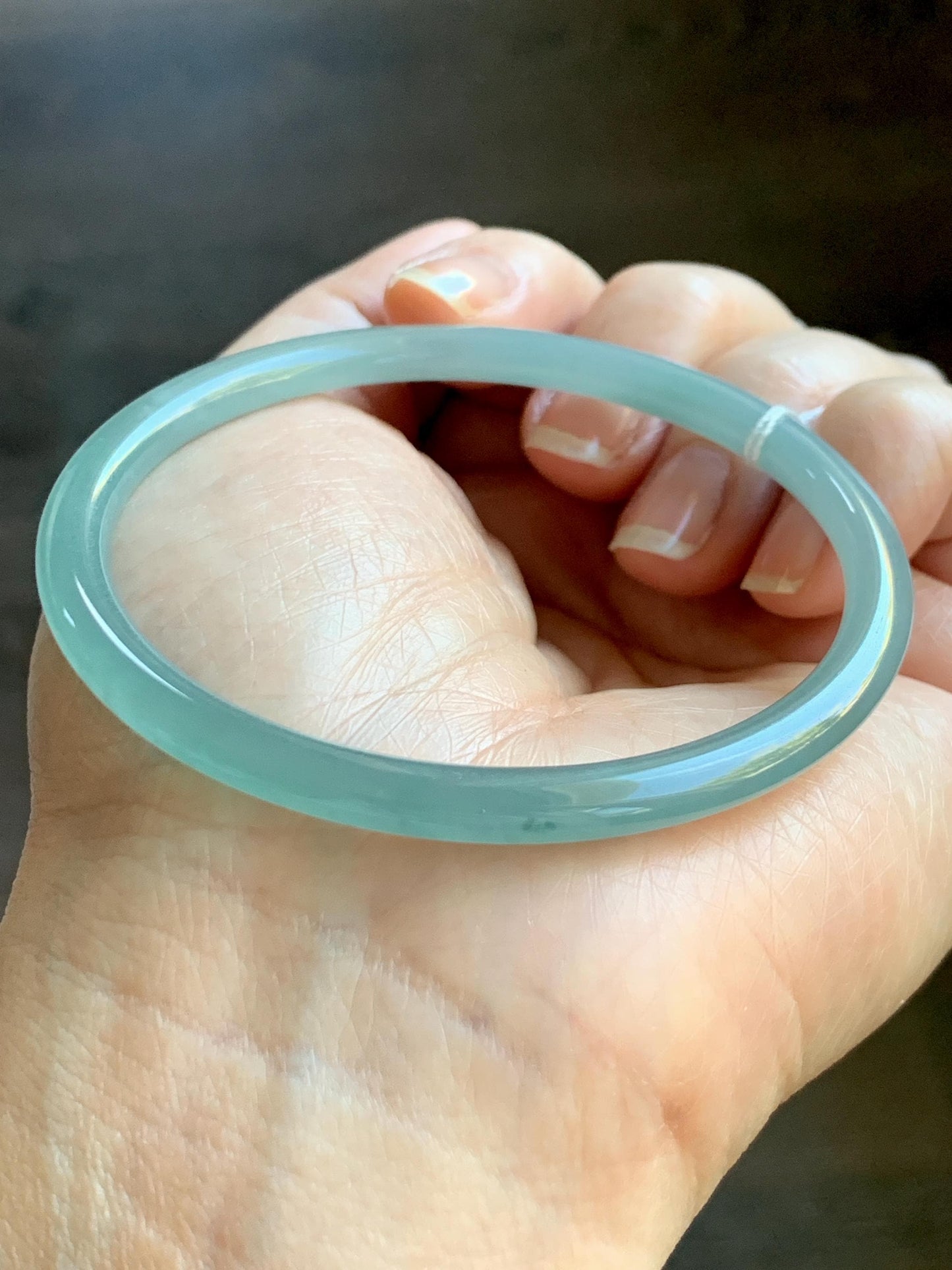 Certified Natural Grade A Guatemalan Icy Translucent Light Dusty Teal Blue Jade Jadeite Bangle Bracelet 57.67mm 7.13" 天然冰危浅蓝绿翡翠圆条手镯 079