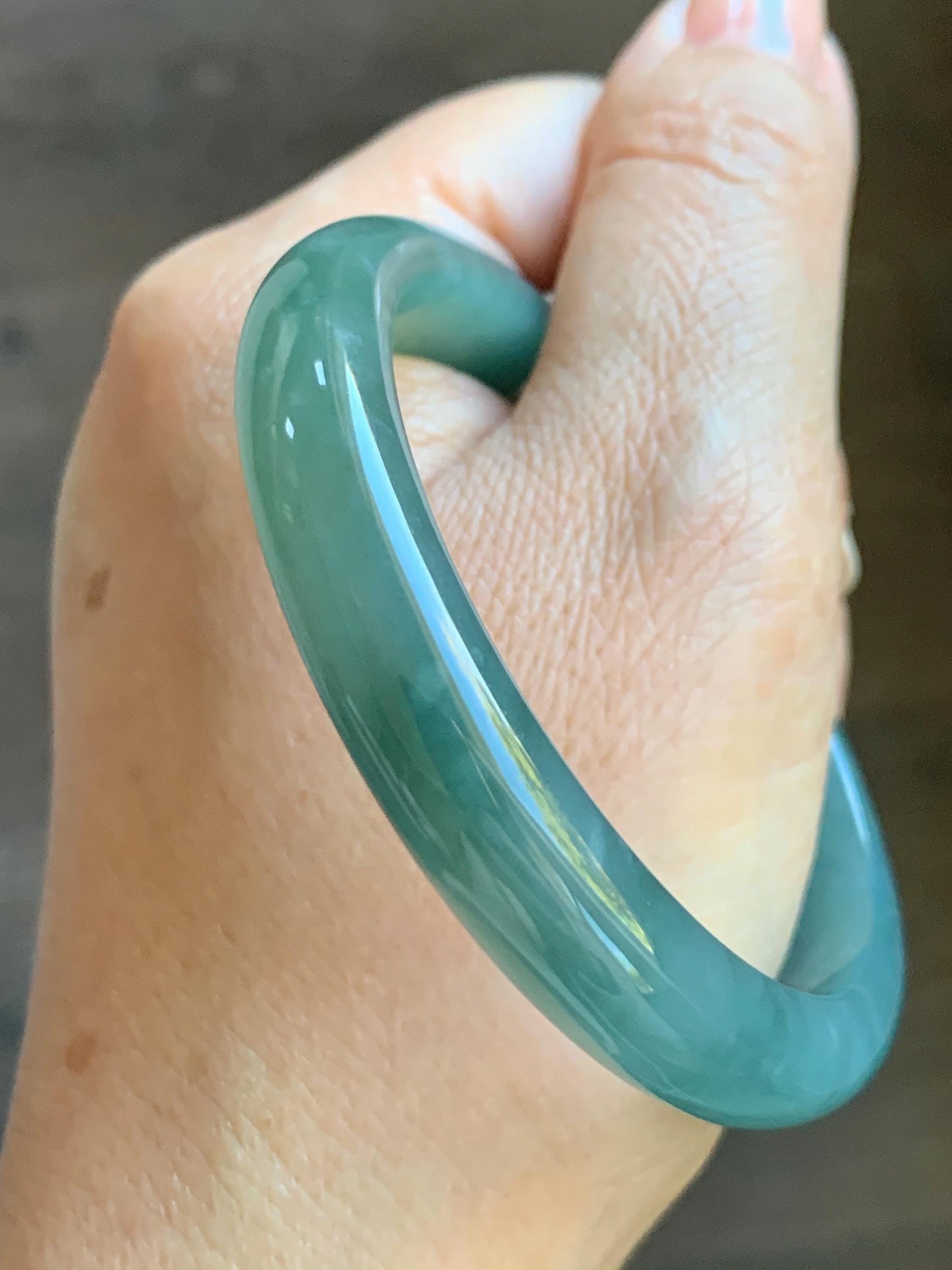 Certified Natural Grade A Guatemalan Icy Translucent Dark Teal Green Jade Jadeite Wide Bangle 53.39mm 6.6” 34.52g 天然冰危蓝绿翡翠正圈宽版手镯 069