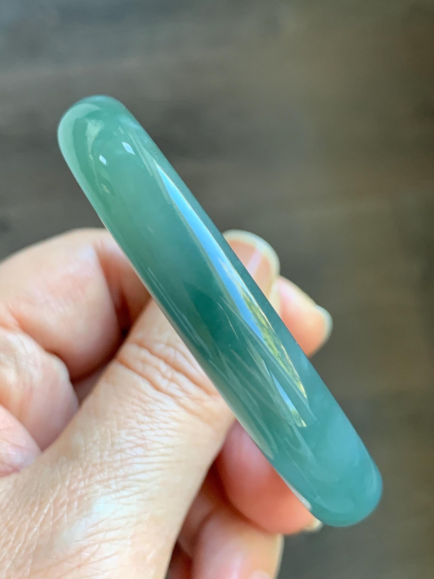 Certified Natural Grade A Guatemalan Icy Translucent Dark Teal Green Jade Jadeite Wide Bangle 53.39mm 6.6” 34.52g 天然冰危蓝绿翡翠正圈宽版手镯 069