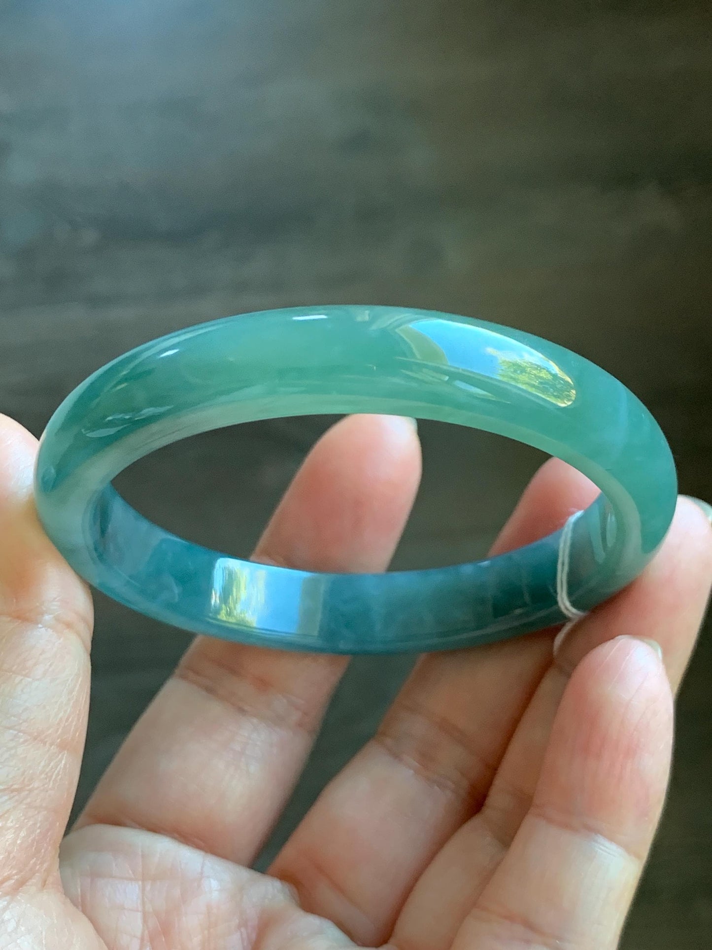 Certified Natural Grade A Guatemalan Icy Translucent Dark Teal Green Jade Jadeite Wide Bangle 53.39mm 6.6” 34.52g 天然冰危蓝绿翡翠正圈宽版手镯 069