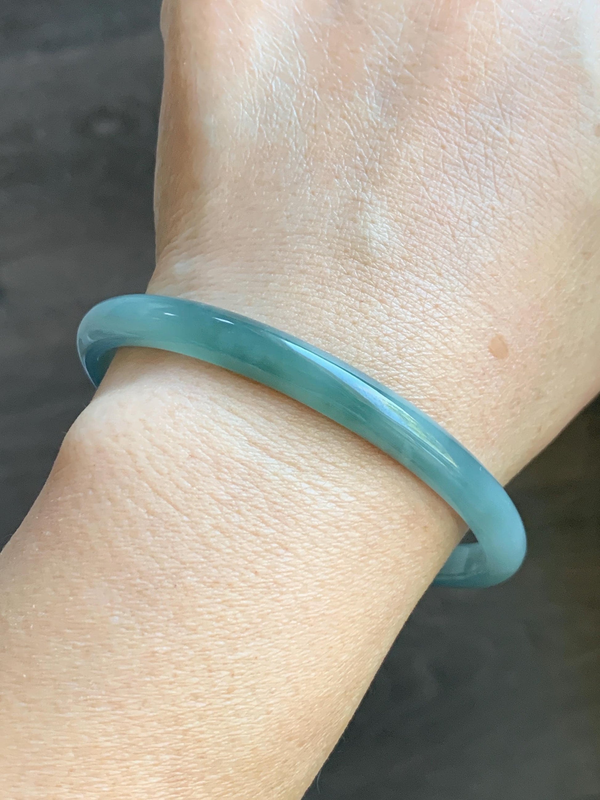 Certified Natural Grade A Guatemalan Icy Translucent Dark Dusty Teal & Green Marbled Jade Jadeite Bangle 61.69mm 7.62” 天然冰危蓝绿飘花翡翠手镯 075