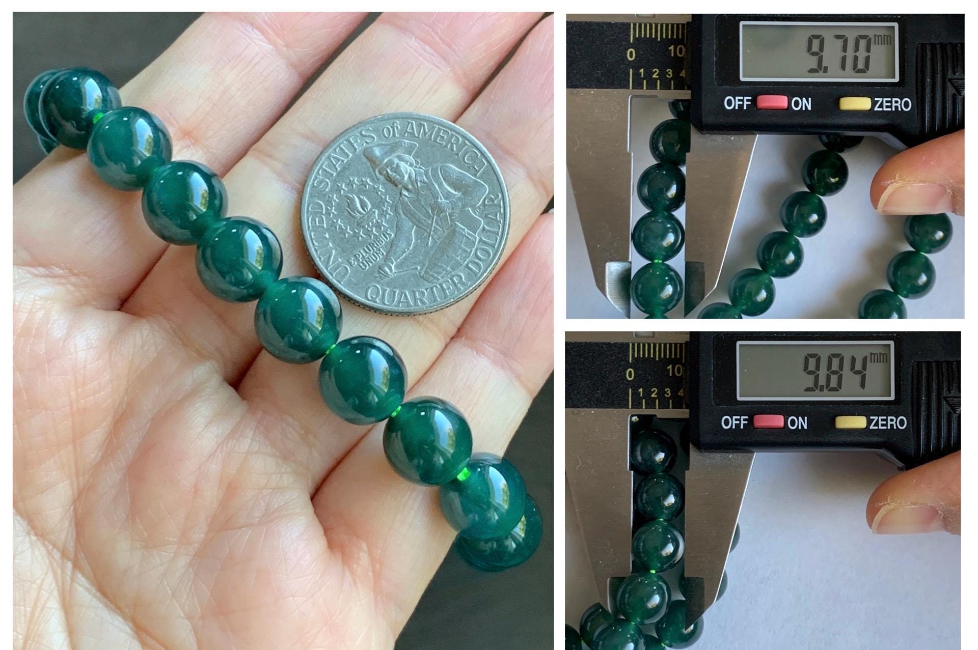 Natural Grade A Guatemalan Icy Translucent Dark Teal Green Jade Jadeite Beaded Necklace 24” 9.7mm 99g Sterling Silver 天然冰危深蓝绿翡翠大卡圆珠项链 WBL490