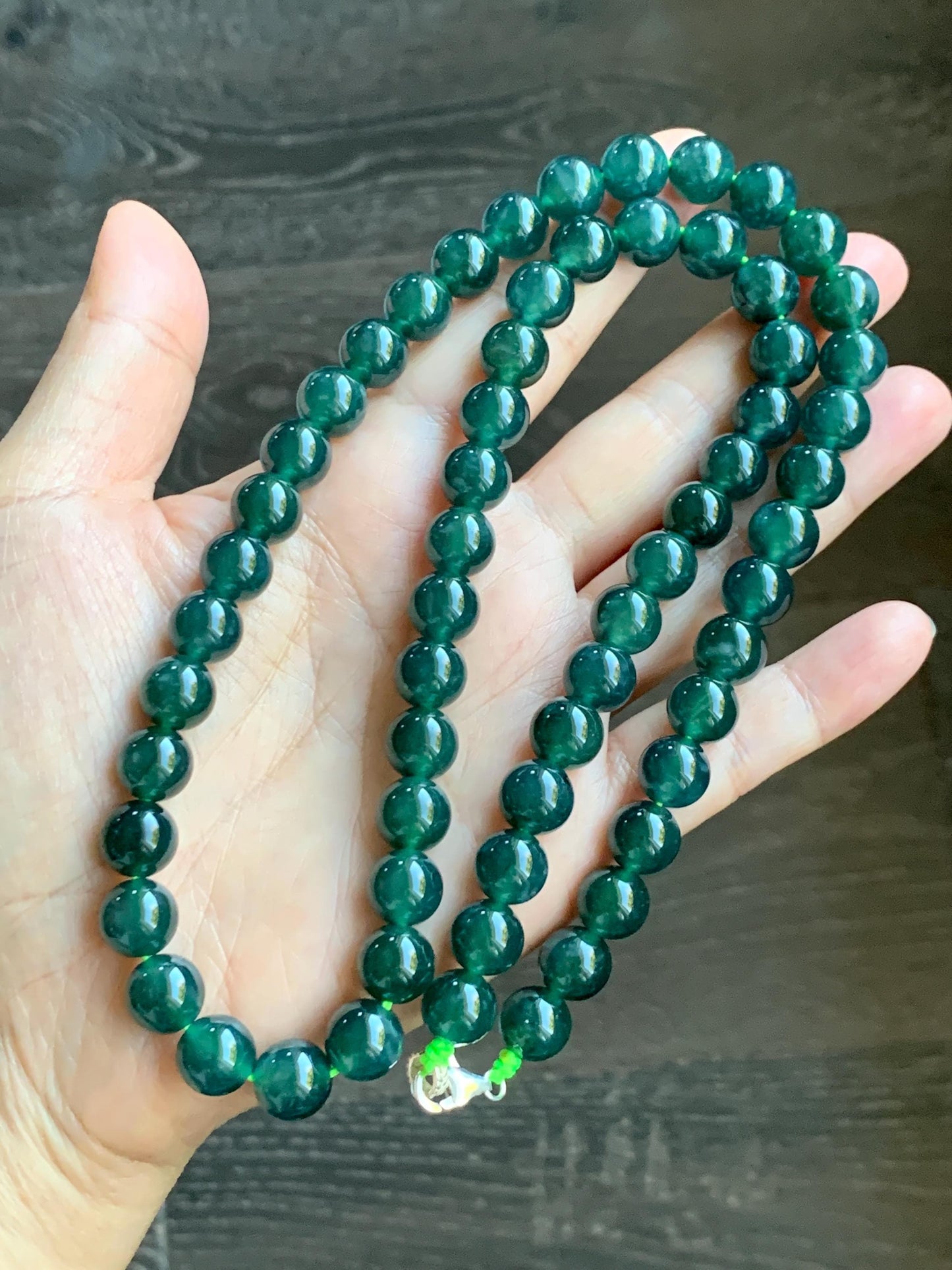Natural Grade A Guatemalan Icy Translucent Dark Teal Green Jade Jadeite Beaded Necklace 24” 9.7mm 99g Sterling Silver 天然冰危深蓝绿翡翠大卡圆珠项链 WBL490