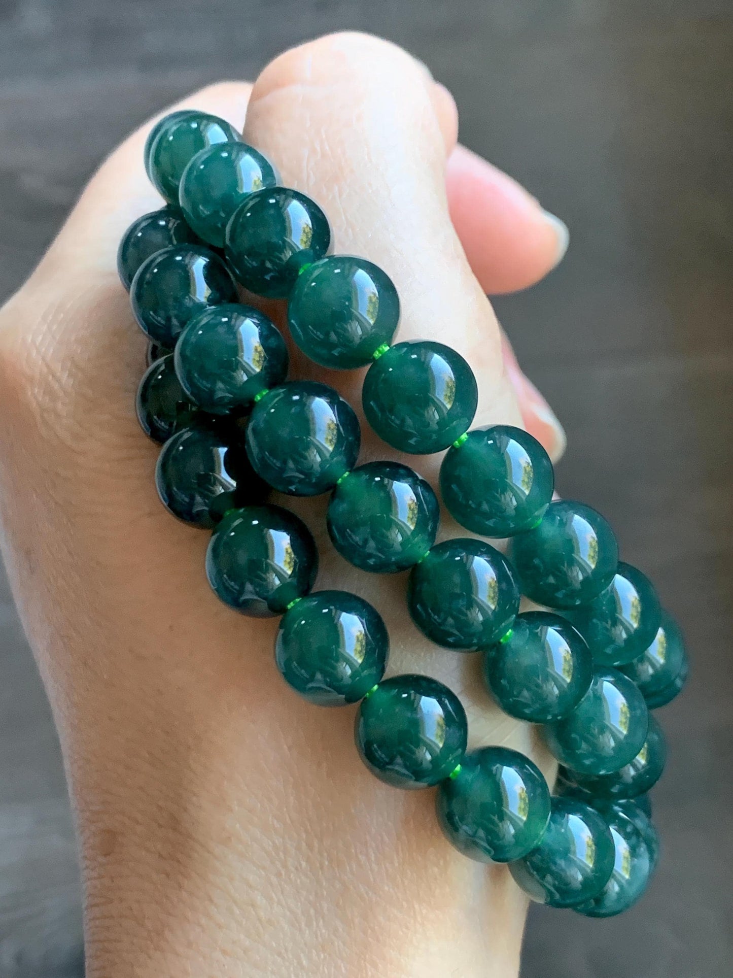 Natural Grade A Guatemalan Icy Translucent Dark Teal Green Jade Jadeite Beaded Necklace 24” 9.7mm 99g Sterling Silver 天然冰危深蓝绿翡翠大卡圆珠项链 WBL490