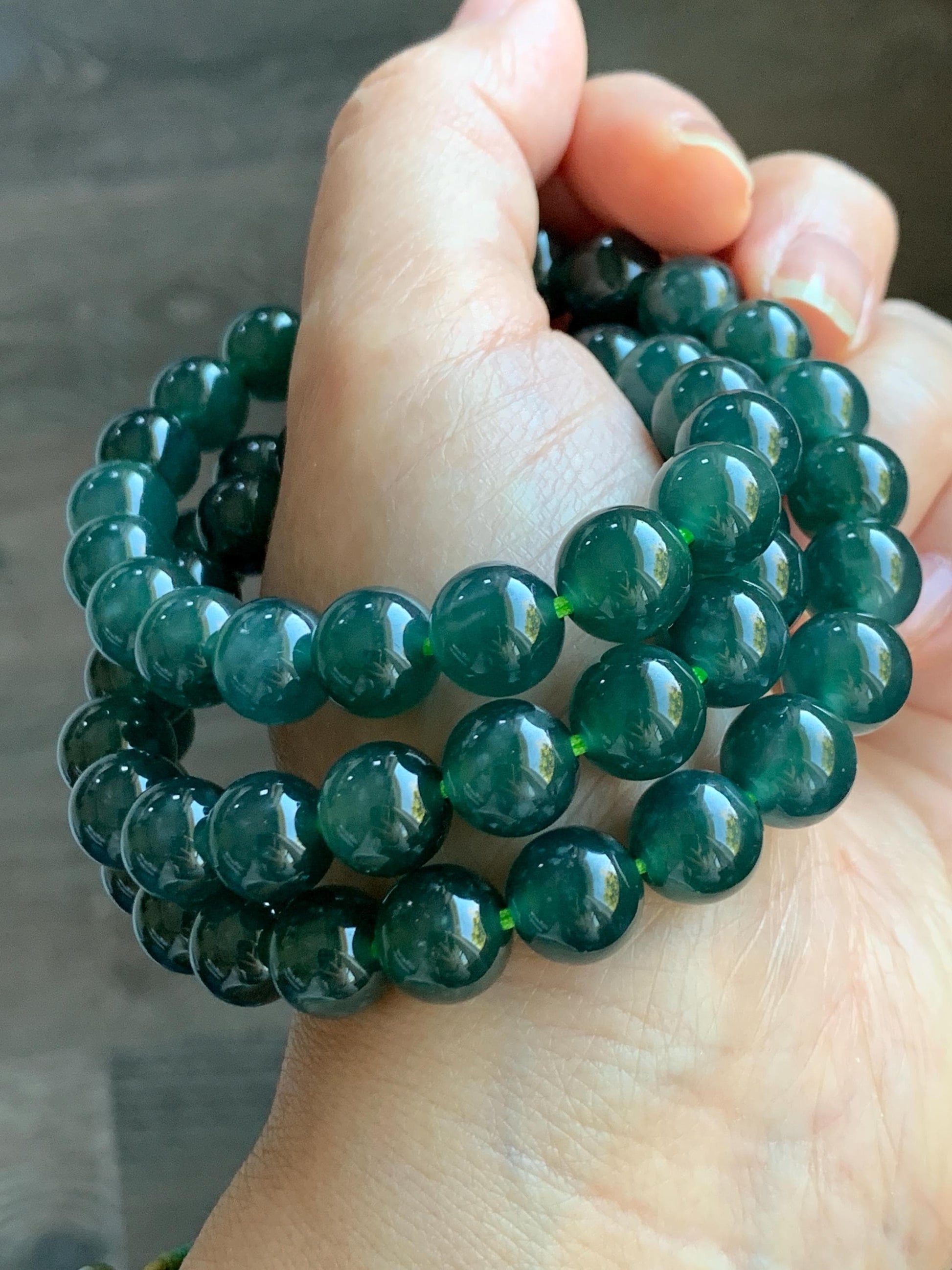 Natural Grade A Guatemalan Icy Translucent Dark Teal Green Jade Jadeite Beaded Necklace 24” 9.7mm 99g Sterling Silver 天然冰危深蓝绿翡翠大卡圆珠项链 WBL490