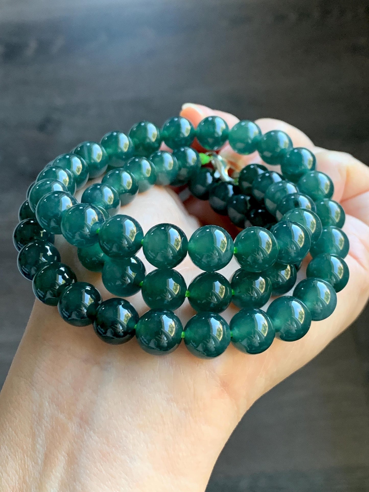 Natural Grade A Guatemalan Icy Translucent Dark Teal Green Jade Jadeite Beaded Necklace 24” 9.7mm 99g Sterling Silver 天然冰危深蓝绿翡翠大卡圆珠项链 WBL490