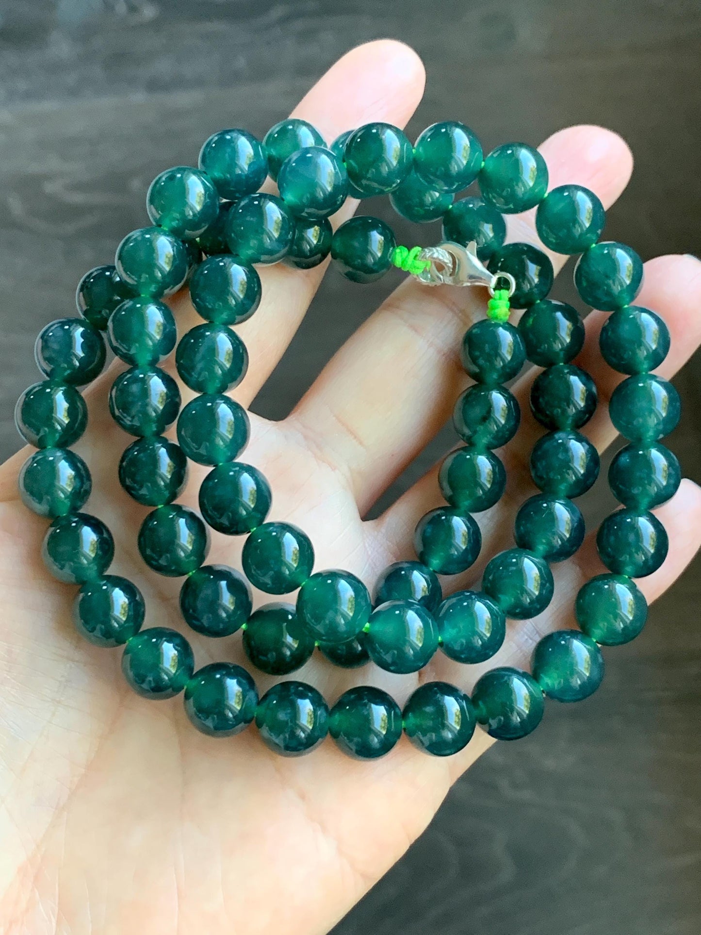 Natural Grade A Guatemalan Icy Translucent Dark Teal Green Jade Jadeite Beaded Necklace 24” 9.7mm 99g Sterling Silver 天然冰危深蓝绿翡翠大卡圆珠项链 WBL490