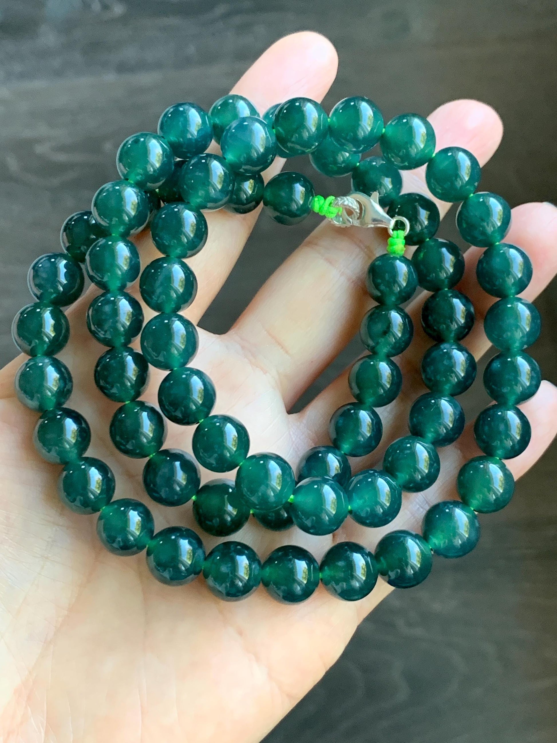Natural Grade A Guatemalan Icy Translucent Dark Teal Green Jade Jadeite Beaded Necklace 24” 9.7mm 99g Sterling Silver 天然冰危深蓝绿翡翠大卡圆珠项链 WBL490