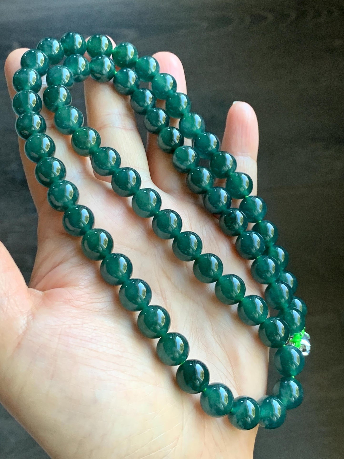 Natural Grade A Guatemalan Icy Translucent Dark Teal Green Jade Jadeite Beaded Necklace 24” 9.7mm 99g Sterling Silver 天然冰危深蓝绿翡翠大卡圆珠项链 WBL490