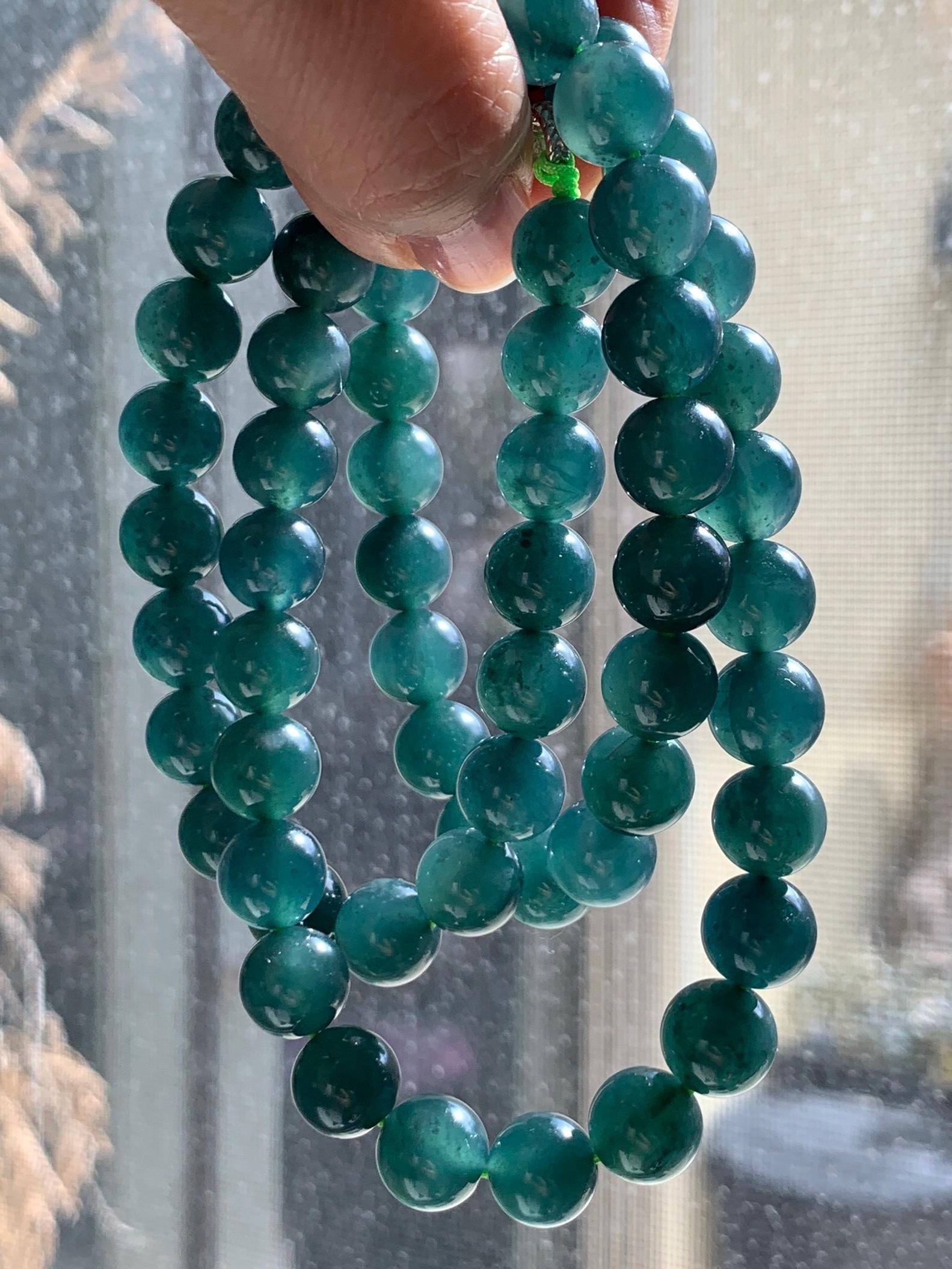Natural Grade A Guatemalan Icy Translucent Dark Teal Green Jade Jadeite Beaded Necklace 24” 9.7mm 99g Sterling Silver 天然冰危深蓝绿翡翠大卡圆珠项链 WBL490