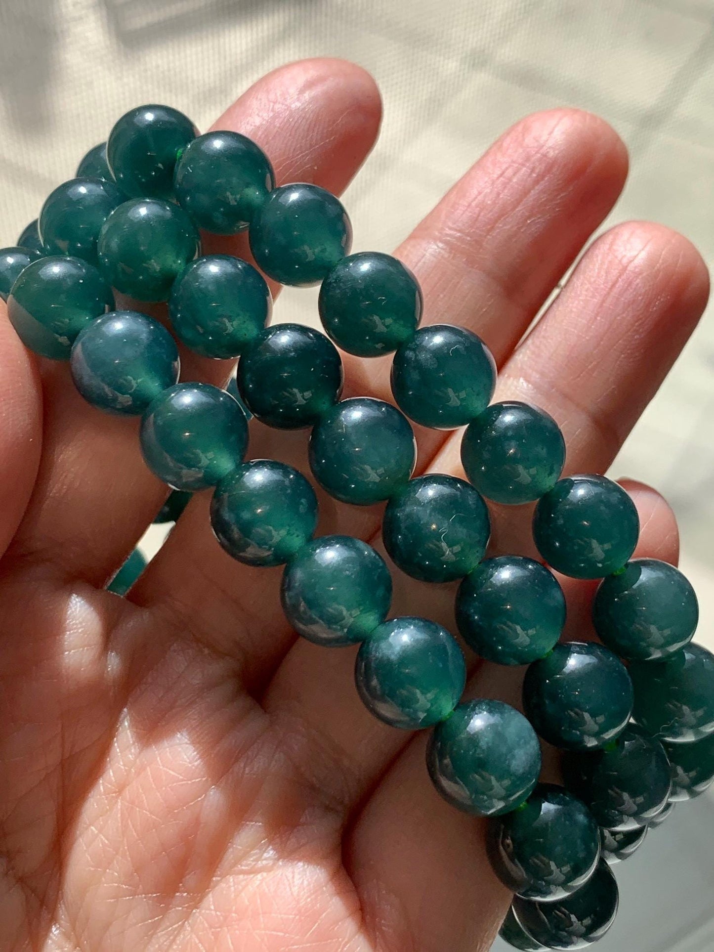 Natural Grade A Guatemalan Icy Translucent Dark Teal Green Jade Jadeite Beaded Necklace 24” 9.7mm 99g Sterling Silver 天然冰危深蓝绿翡翠大卡圆珠项链 WBL490