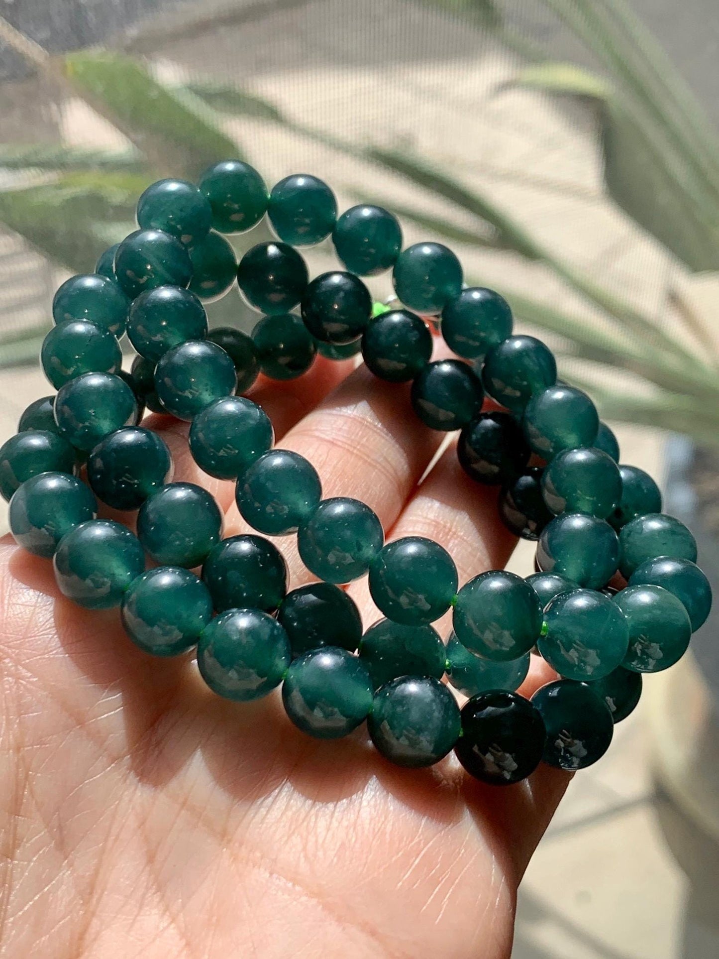 Natural Grade A Guatemalan Icy Translucent Dark Teal Green Jade Jadeite Beaded Necklace 24” 9.7mm 99g Sterling Silver 天然冰危深蓝绿翡翠大卡圆珠项链 WBL490
