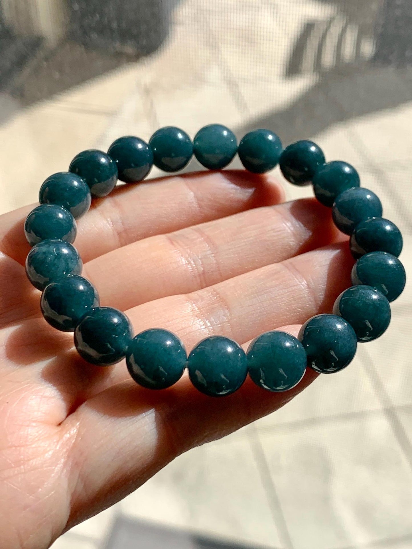 Natural Grade A Guatemalan Icy Translucent Dark Aegean Blue Jade Jadeite Beaded Bracelet 9.8mm 7.25” 33g 天然冰危深牛仔蓝翡翠圆珠手串 NZL220