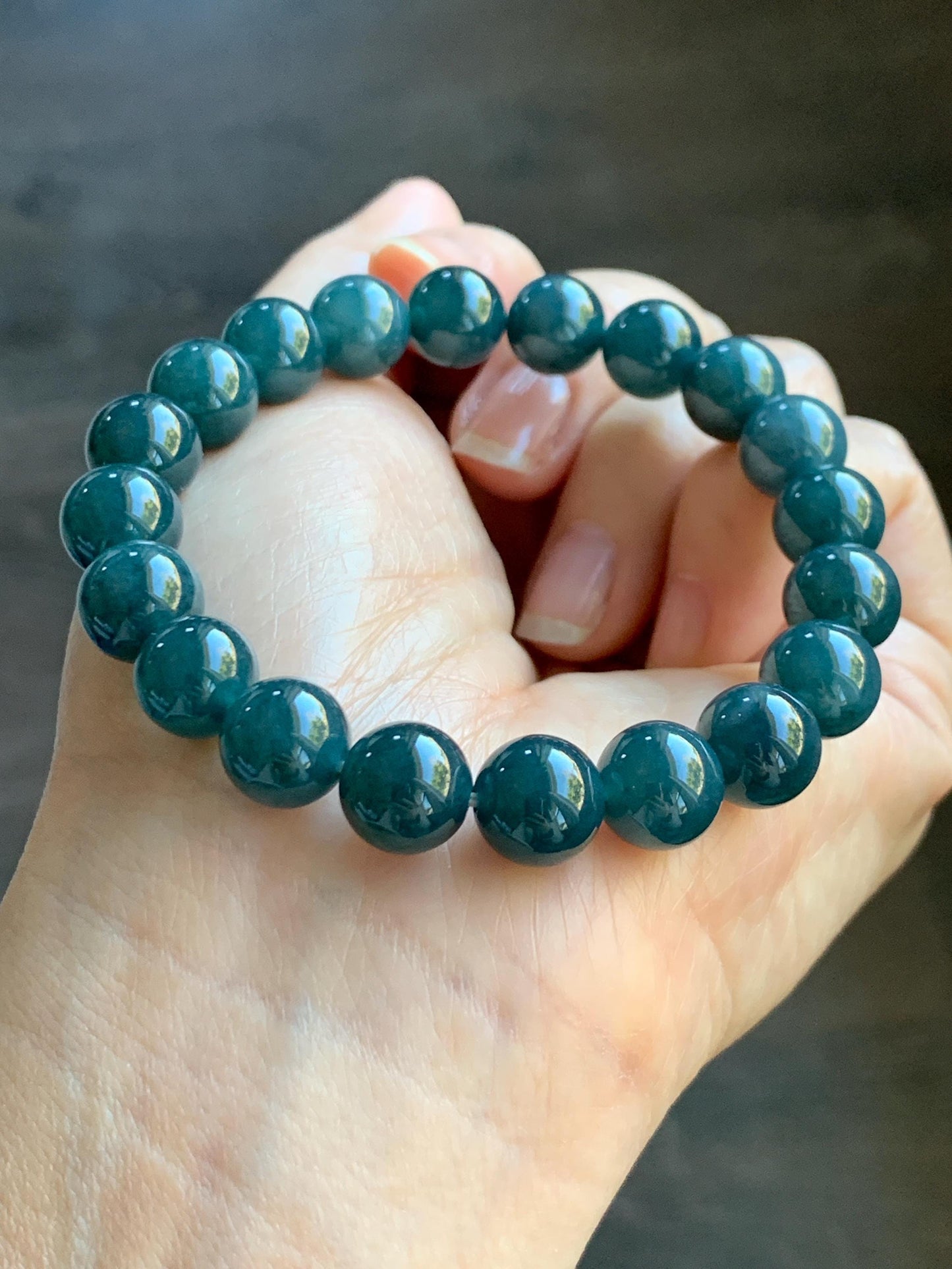Natural Grade A Guatemalan Icy Translucent Dark Aegean Blue Jade Jadeite Beaded Bracelet 9.8mm 7.25” 33g 天然冰危深牛仔蓝翡翠圆珠手串 NZL220