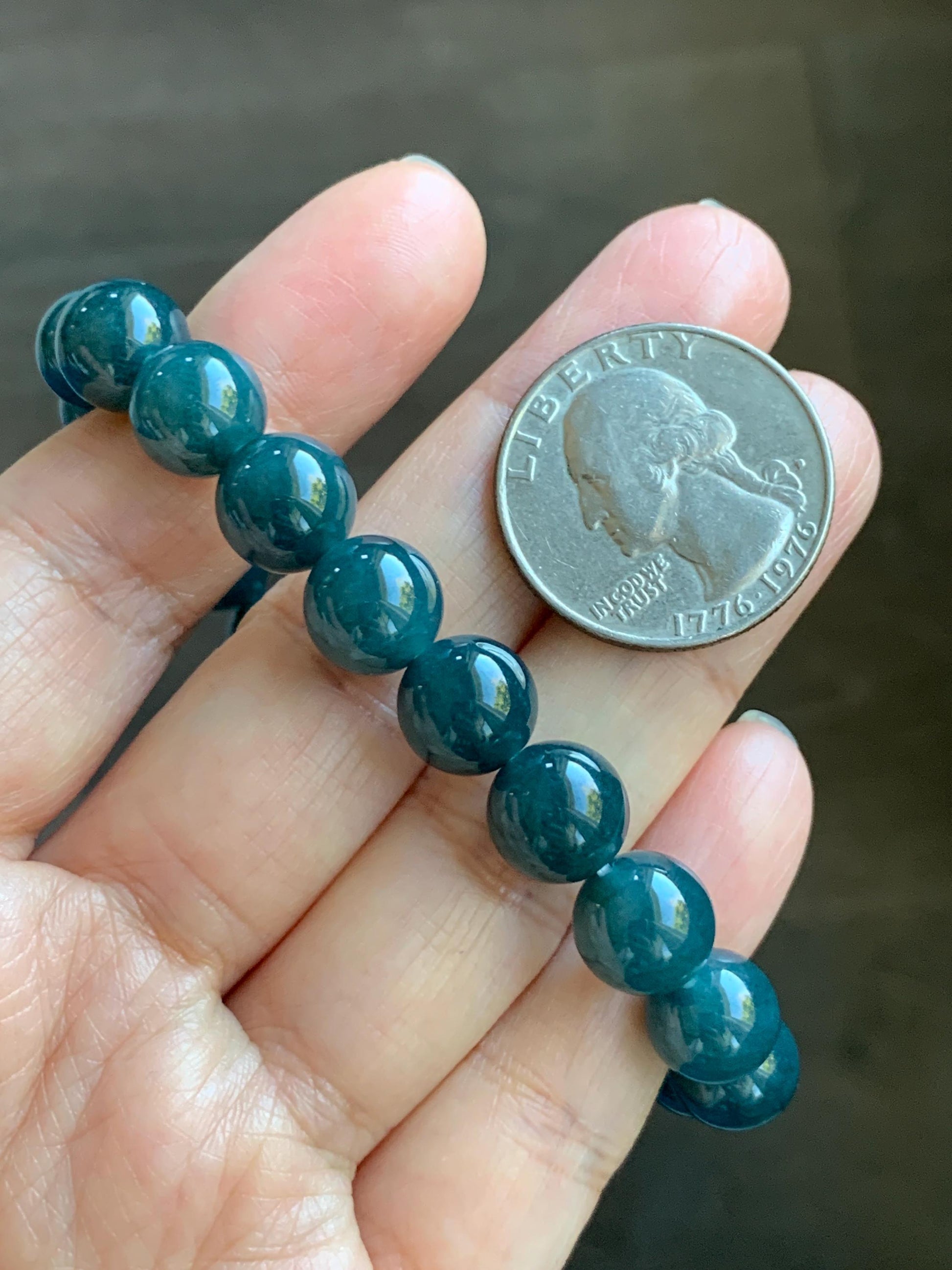 Natural Grade A Guatemalan Icy Translucent Dark Aegean Blue Jade Jadeite Beaded Bracelet 9.8mm 7.25” 33g 天然冰危深牛仔蓝翡翠圆珠手串 NZL220