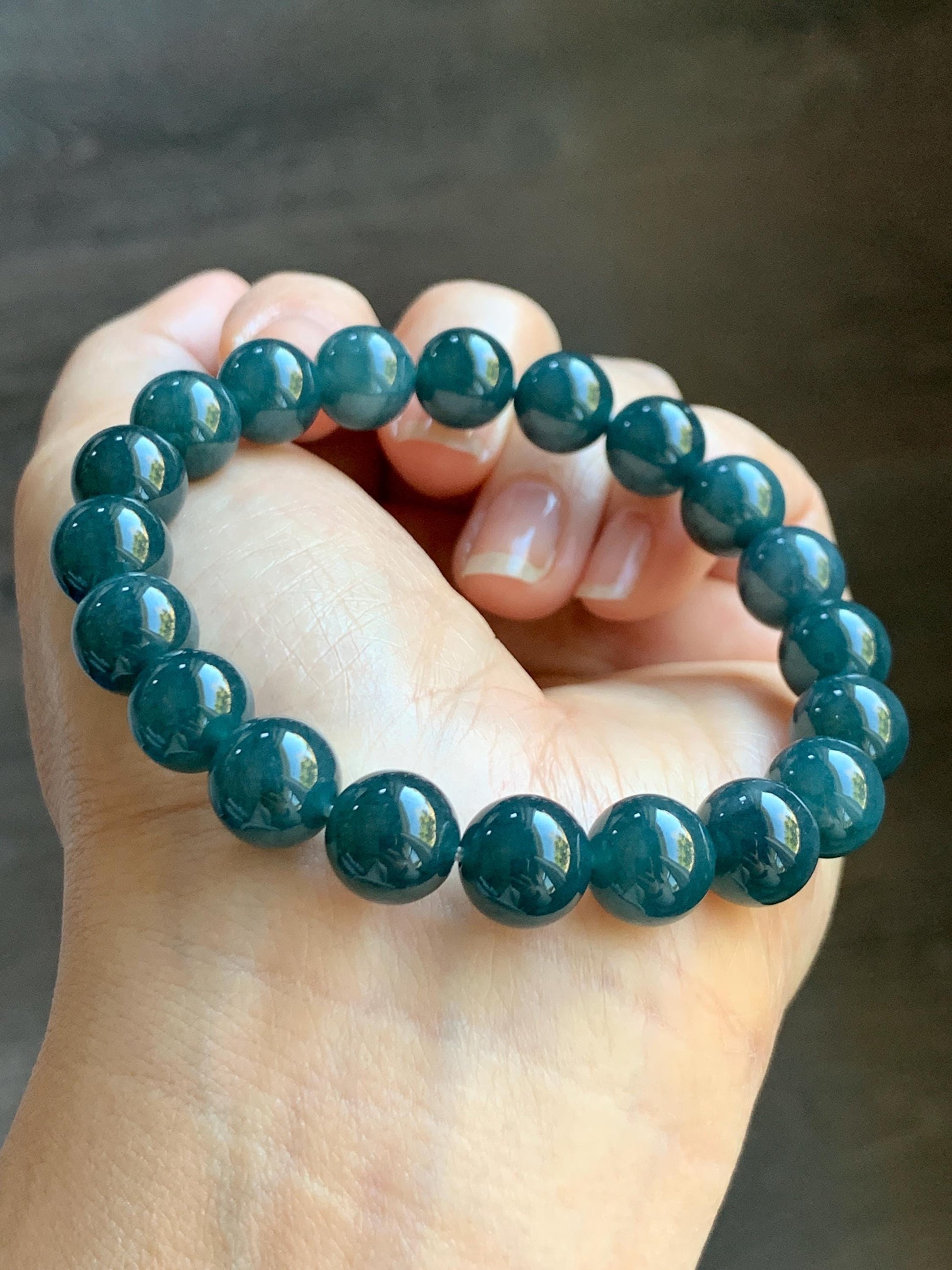 Natural Grade A Guatemalan Icy Translucent Dark Aegean Blue Jade Jadeite Beaded Bracelet 9.8mm 7.25” 33g 天然冰危深牛仔蓝翡翠圆珠手串 NZL220