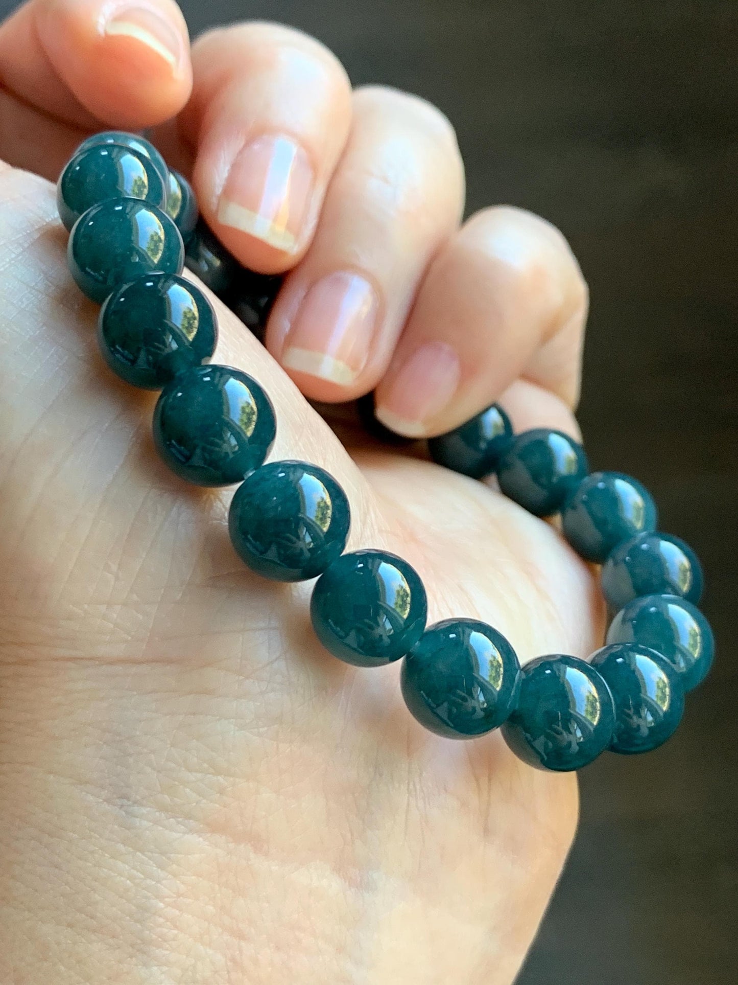 Natural Grade A Guatemalan Icy Translucent Dark Aegean Blue Jade Jadeite Beaded Bracelet 9.8mm 7.25” 33g 天然冰危深牛仔蓝翡翠圆珠手串 NZL220