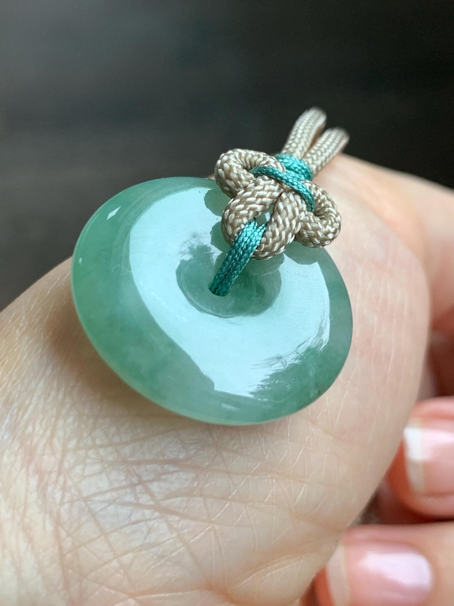Natural Grade A Icy Translucent Light Green Marbled Jade Jadeite Ping An Kou Donut Pendant Rope Necklace 26" 10g 天然冰晴绿飘花翡翠平安扣吊坠项链 MLP88A