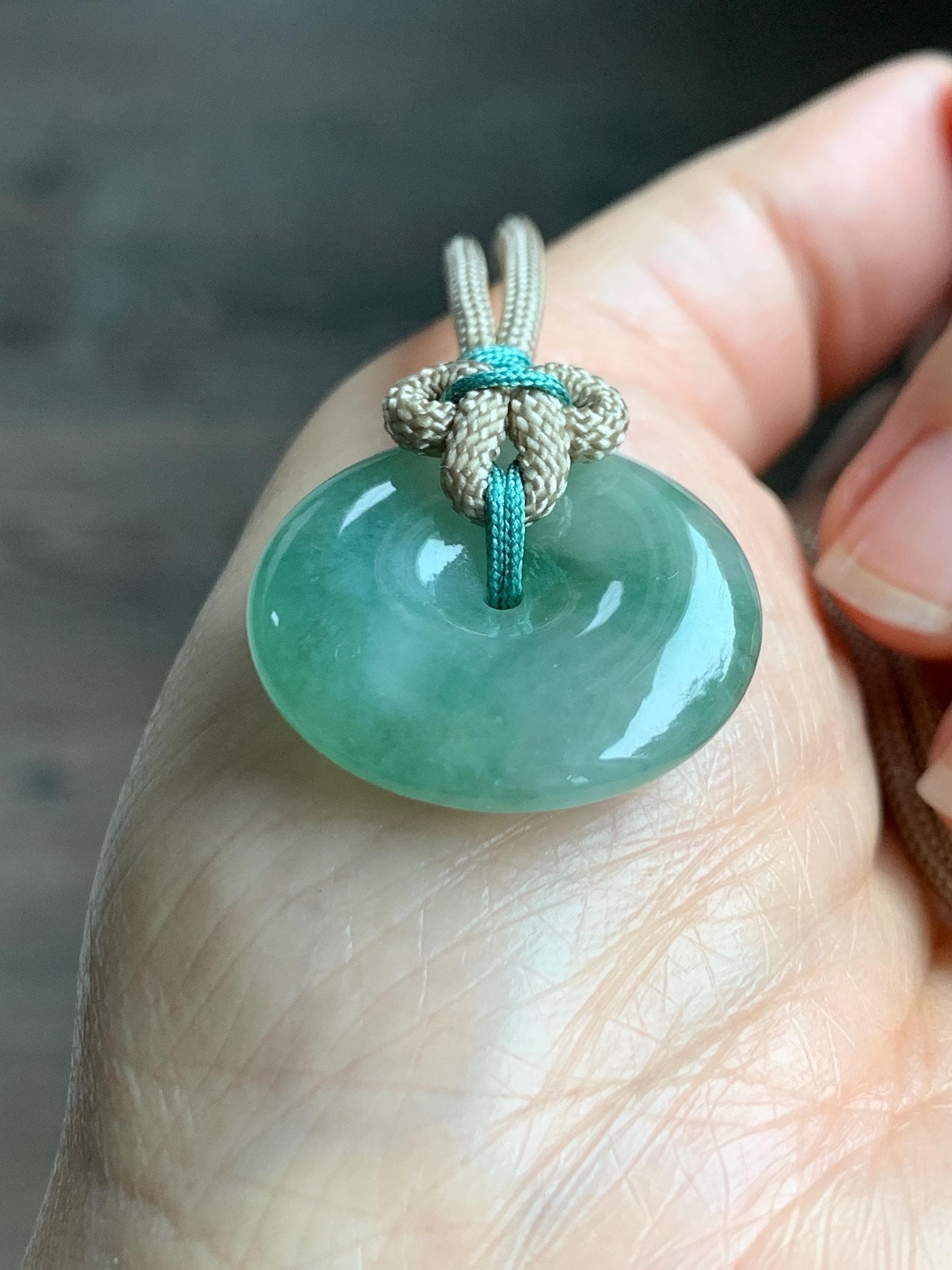 Natural Grade A Icy Translucent Light Green Marbled Jade Jadeite Ping An Kou Donut Pendant Rope Necklace 26" 10g 天然冰晴绿飘花翡翠平安扣吊坠项链 MLP88A
