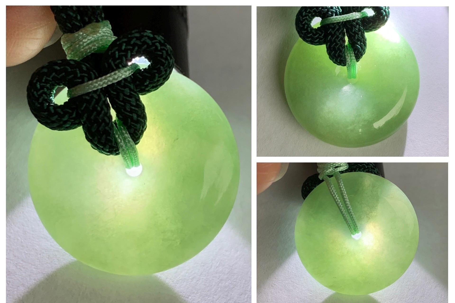 Natural Grade A Icy Translucent Light Green Jade Jadeite Ping An Kou Donut Pendant Rope Necklace 25" 11g 天然冰晴绿翡翠平安扣吊坠项链 MLP88B