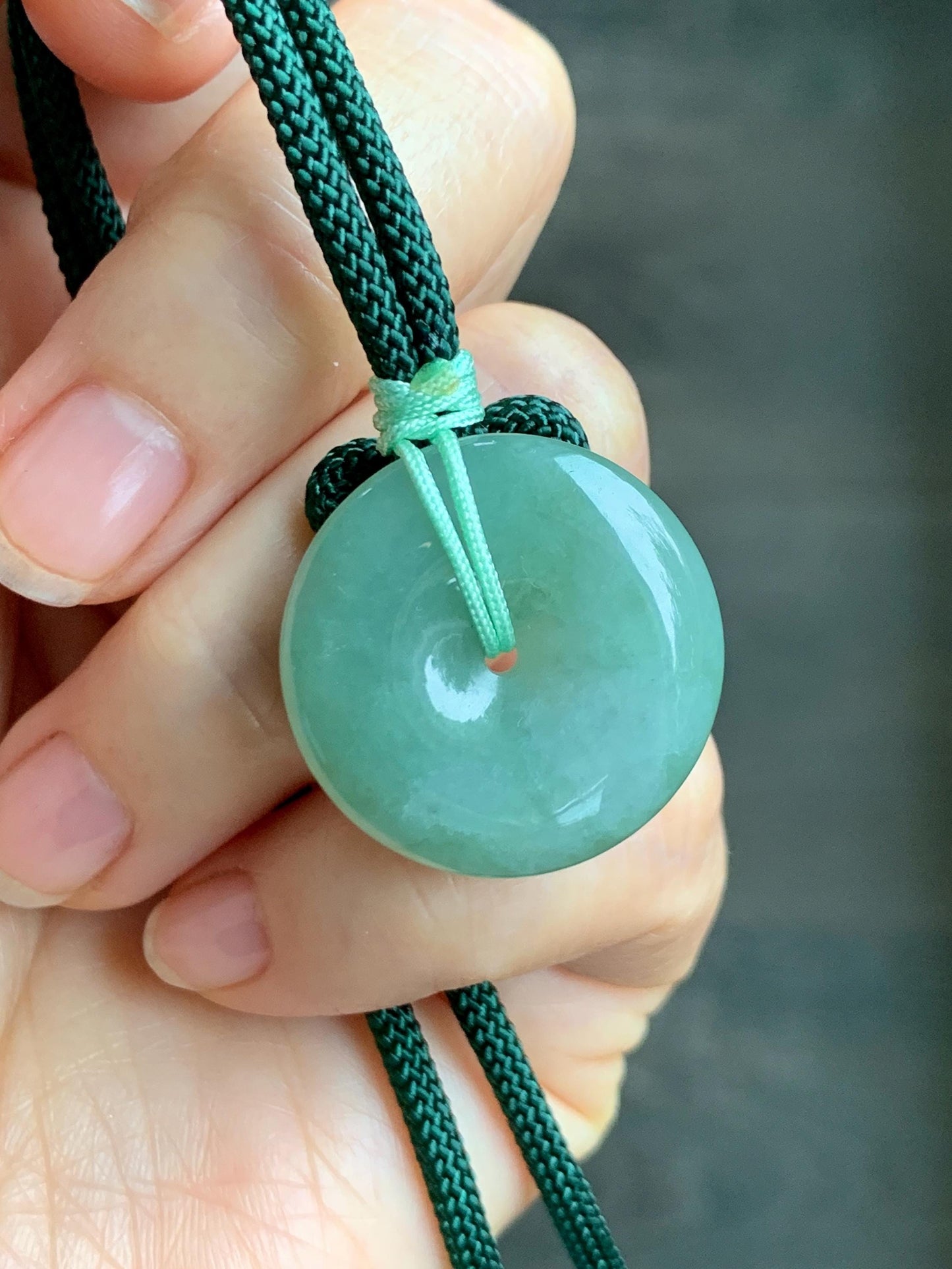 Natural Grade A Icy Translucent Light Green Jade Jadeite Ping An Kou Donut Pendant Rope Necklace 25" 11g 天然冰晴绿翡翠平安扣吊坠项链 MLP88B