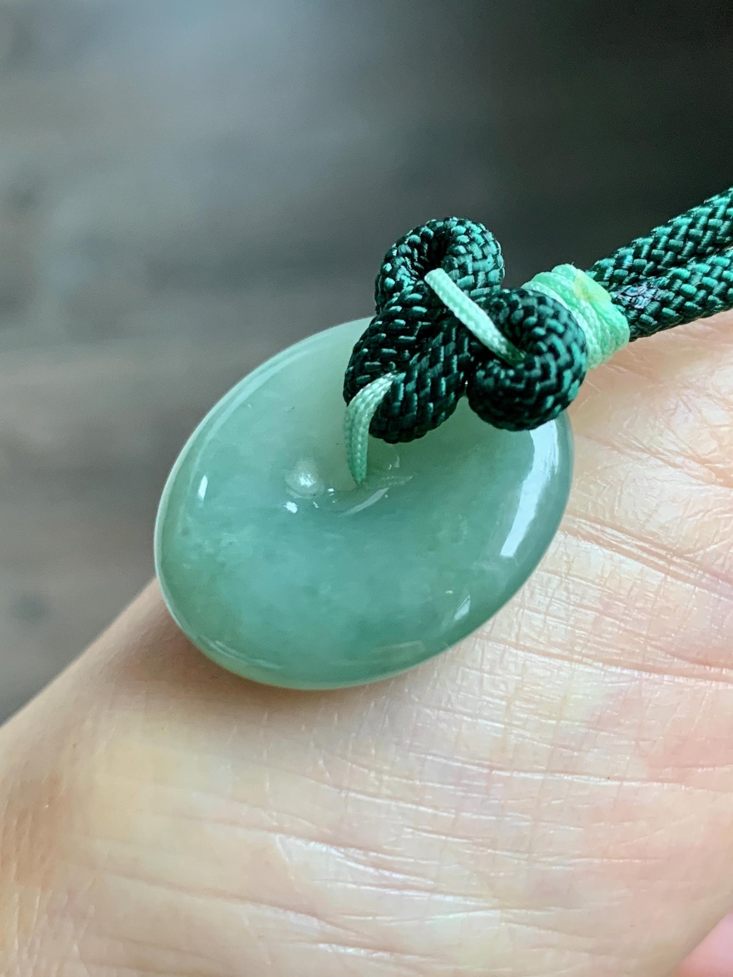 Natural Grade A Icy Translucent Light Green Jade Jadeite Ping An Kou Donut Pendant Rope Necklace 25" 11g 天然冰晴绿翡翠平安扣吊坠项链 MLP88B