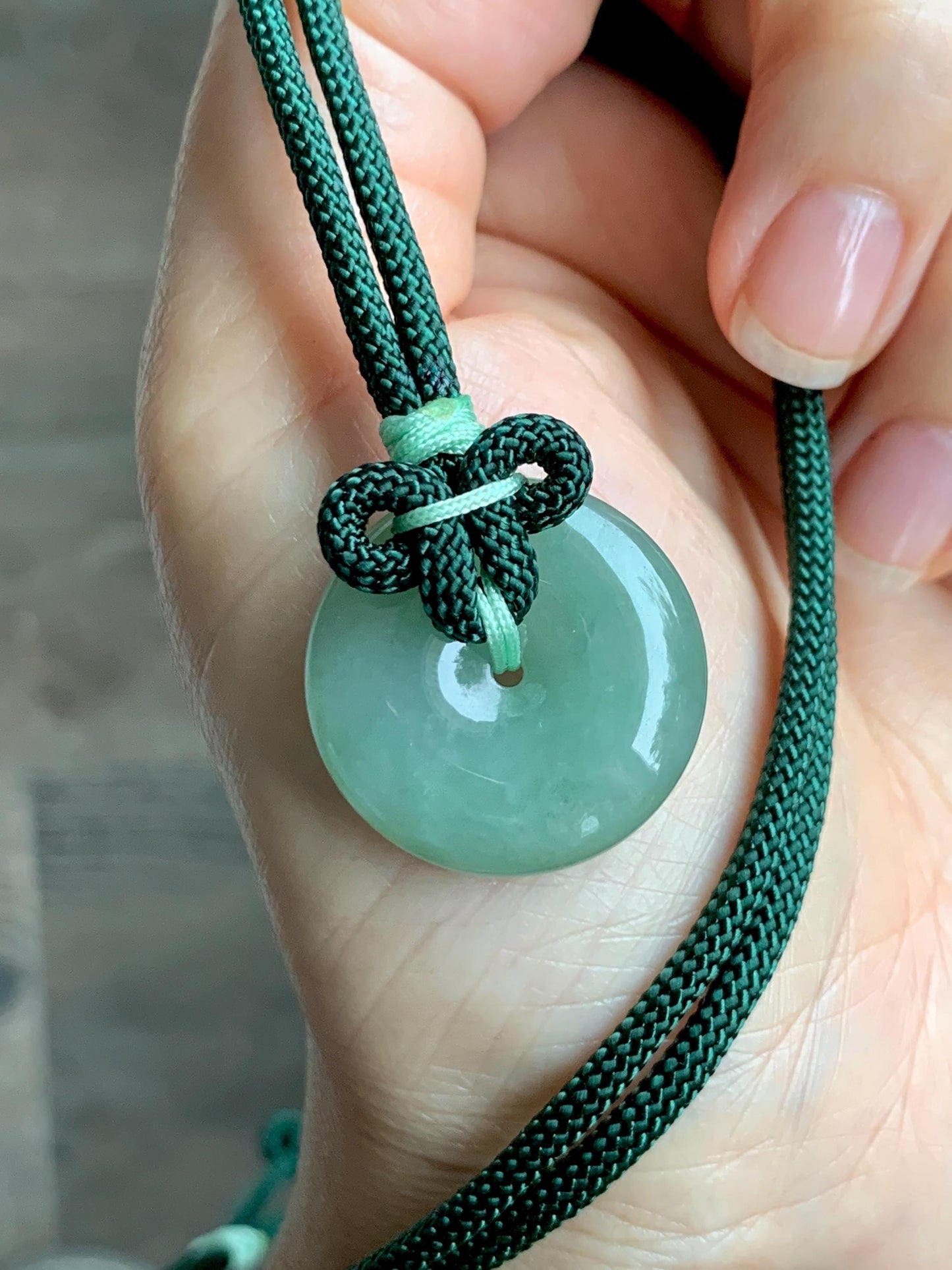 Natural Grade A Icy Translucent Light Green Jade Jadeite Ping An Kou Donut Pendant Rope Necklace 25" 11g 天然冰晴绿翡翠平安扣吊坠项链 MLP88B