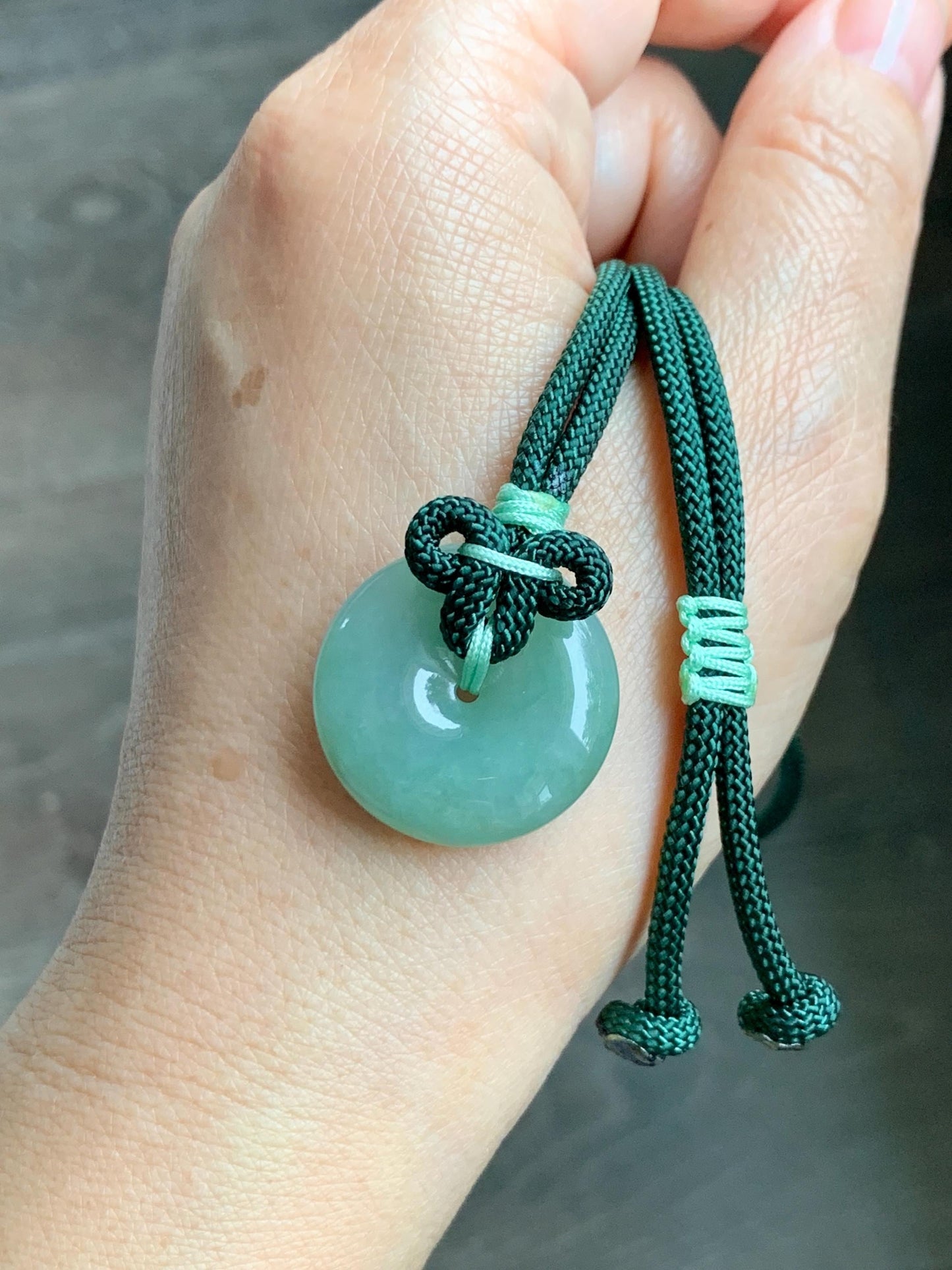 Natural Grade A Icy Translucent Light Green Jade Jadeite Ping An Kou Donut Pendant Rope Necklace 25" 11g 天然冰晴绿翡翠平安扣吊坠项链 MLP88B