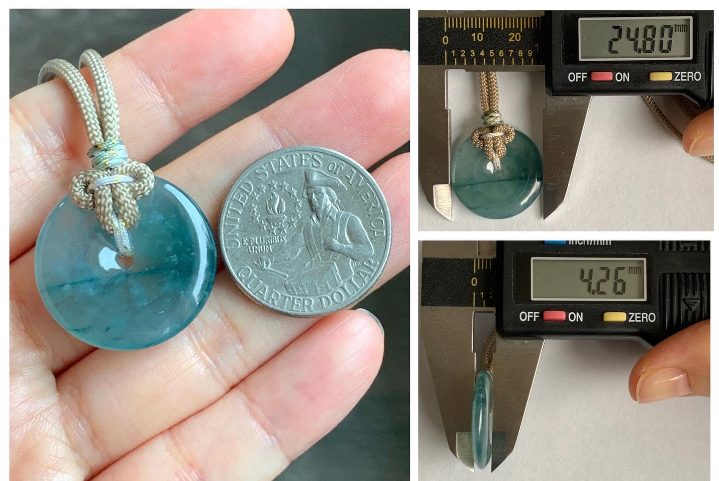 Natural Grade A Guatemalan Icy Highly Translucent Teal Blue Jade Jadeite Ping An Kou Donut Pendant Rope Necklace 25" 天然冰危蓝绿翡翠平安扣吊坠项链 BWL125