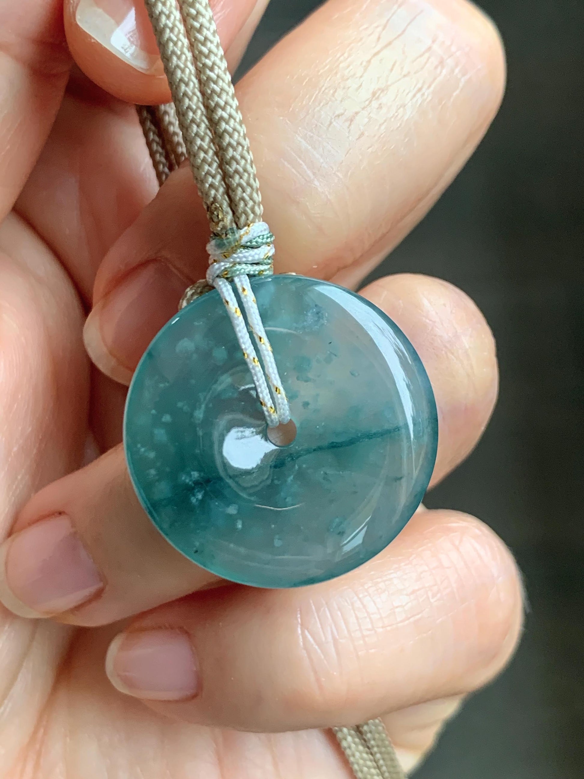 Natural Grade A Guatemalan Icy Highly Translucent Teal Blue Jade Jadeite Ping An Kou Donut Pendant Rope Necklace 25" 天然冰危蓝绿翡翠平安扣吊坠项链 BWL125