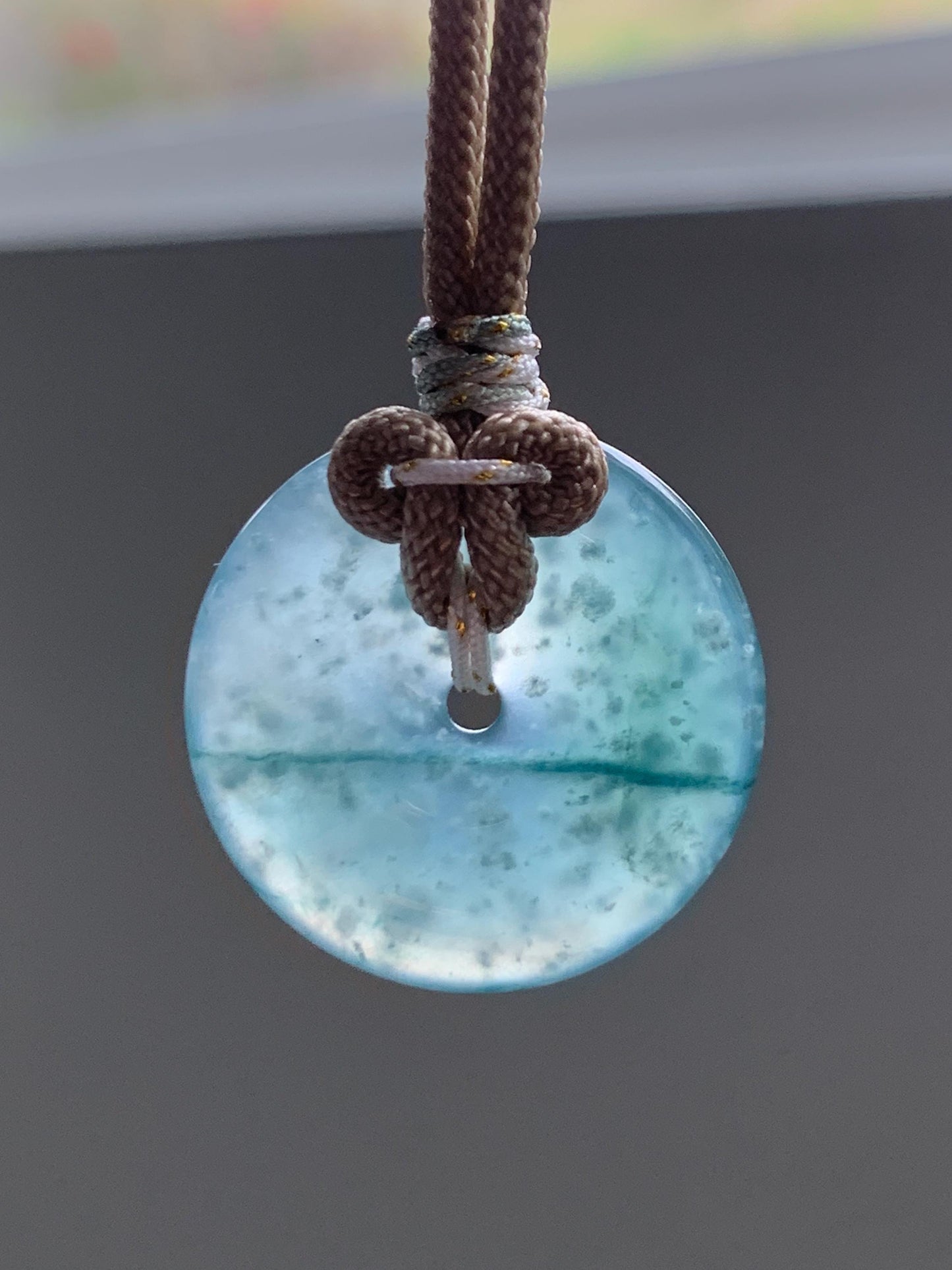 Natural Grade A Guatemalan Icy Highly Translucent Teal Blue Jade Jadeite Ping An Kou Donut Pendant Rope Necklace 25" 天然冰危蓝绿翡翠平安扣吊坠项链 BWL125