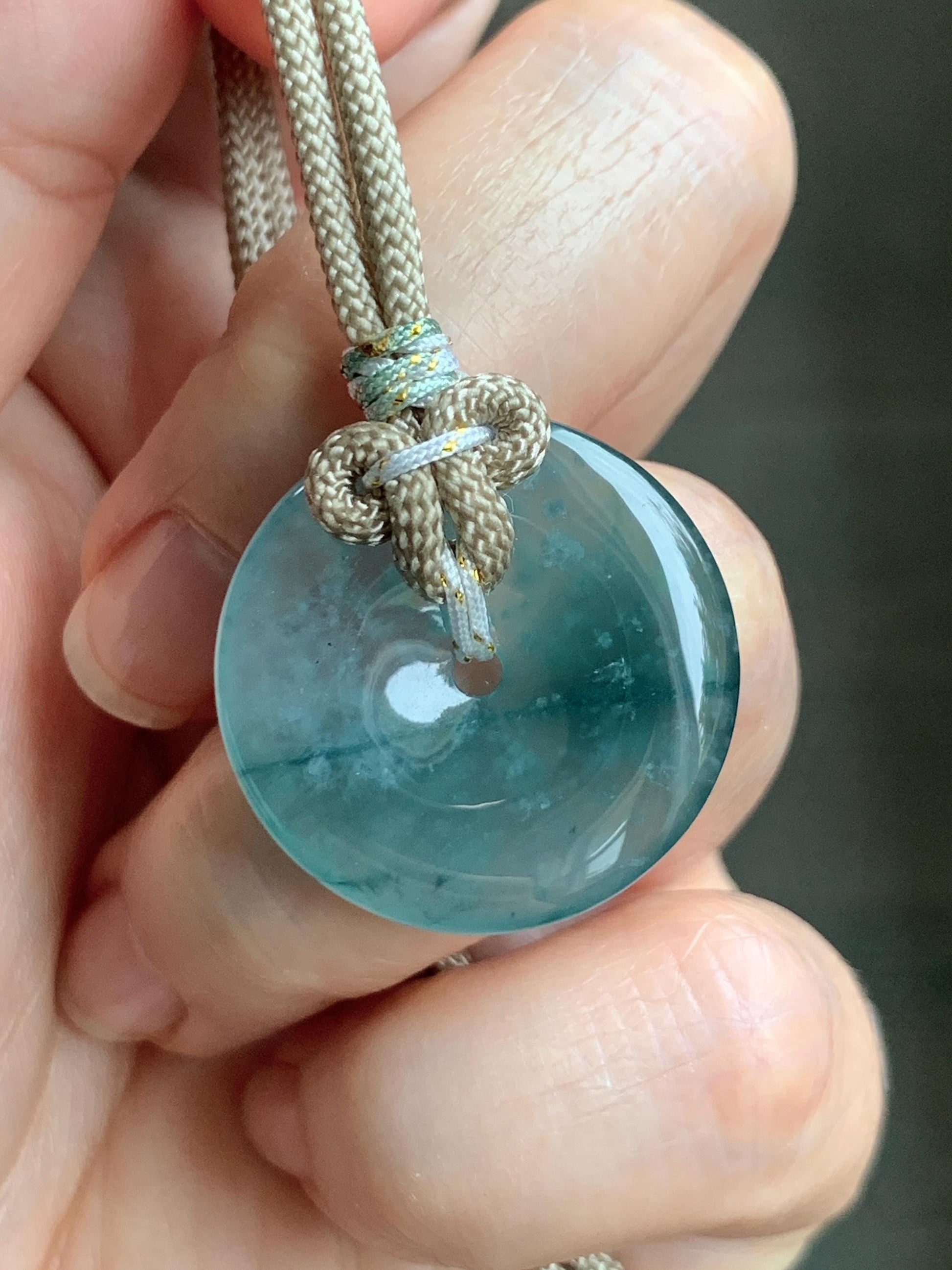 Natural Grade A Guatemalan Icy Highly Translucent Teal Blue Jade Jadeite Ping An Kou Donut Pendant Rope Necklace 25" 天然冰危蓝绿翡翠平安扣吊坠项链 BWL125