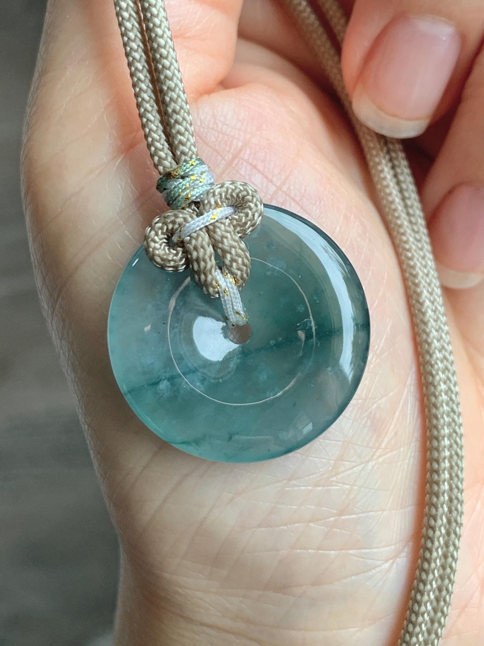 Natural Grade A Guatemalan Icy Highly Translucent Teal Blue Jade Jadeite Ping An Kou Donut Pendant Rope Necklace 25" 天然冰危蓝绿翡翠平安扣吊坠项链 BWL125
