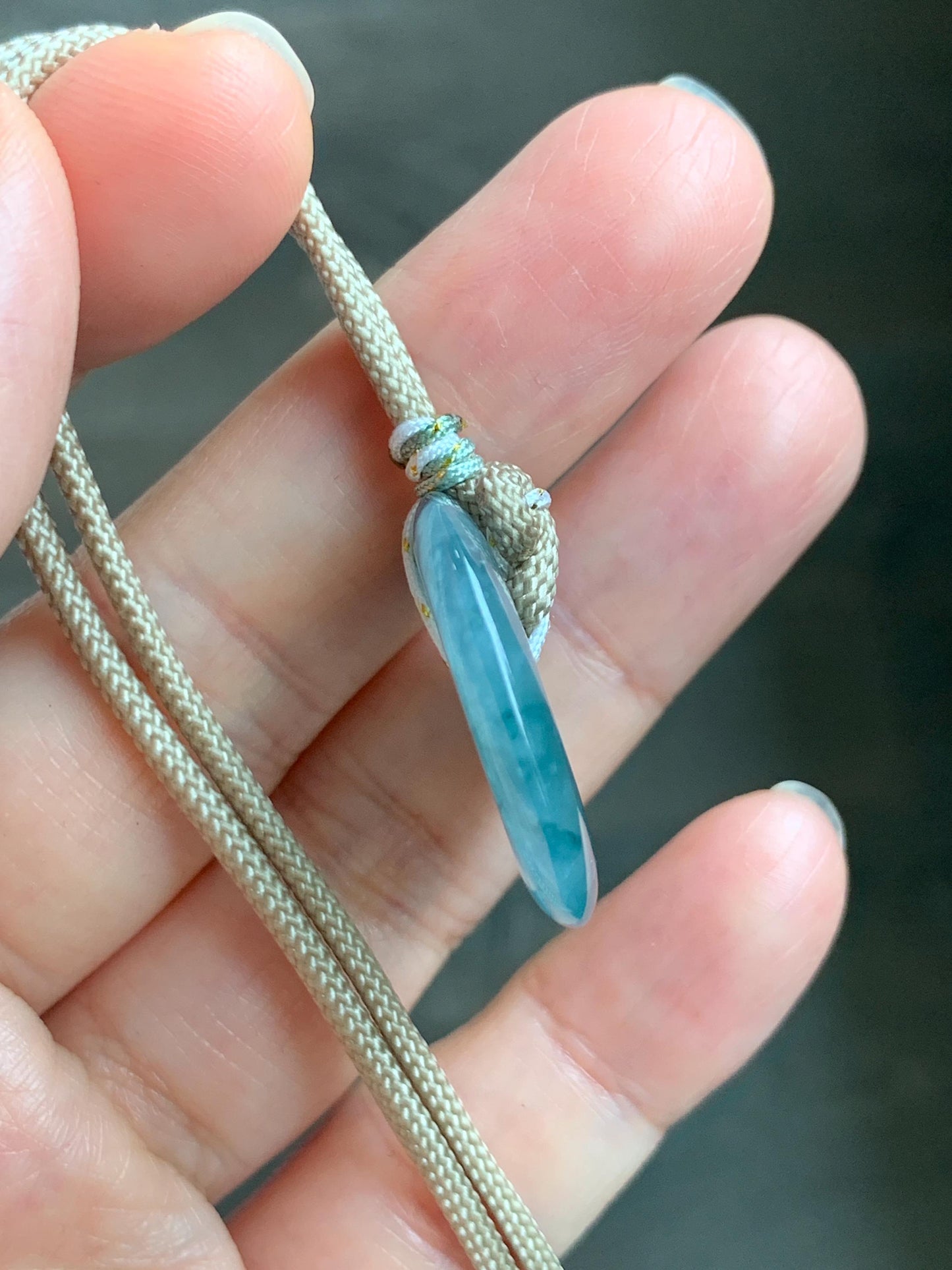 Natural Grade A Guatemalan Icy Highly Translucent Teal Blue Jade Jadeite Ping An Kou Donut Pendant Rope Necklace 25" 天然冰危蓝绿翡翠平安扣吊坠项链 BWL125