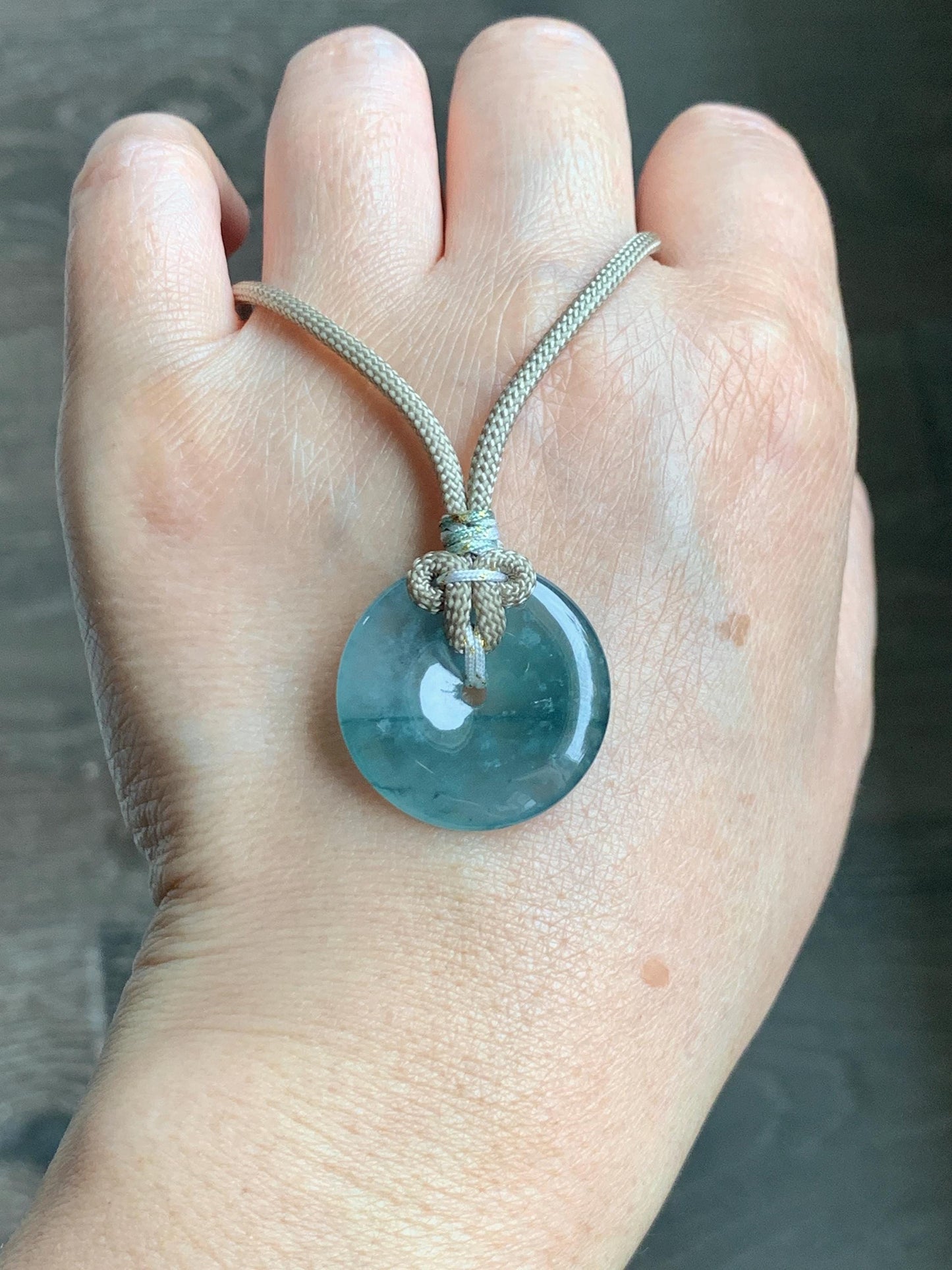 Natural Grade A Guatemalan Icy Highly Translucent Teal Blue Jade Jadeite Ping An Kou Donut Pendant Rope Necklace 25" 天然冰危蓝绿翡翠平安扣吊坠项链 BWL125
