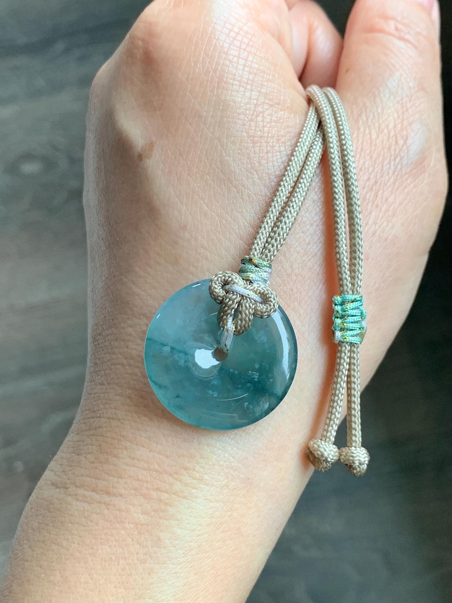 Natural Grade A Guatemalan Icy Highly Translucent Teal Blue Jade Jadeite Ping An Kou Donut Pendant Rope Necklace 25" 天然冰危蓝绿翡翠平安扣吊坠项链 BWL125