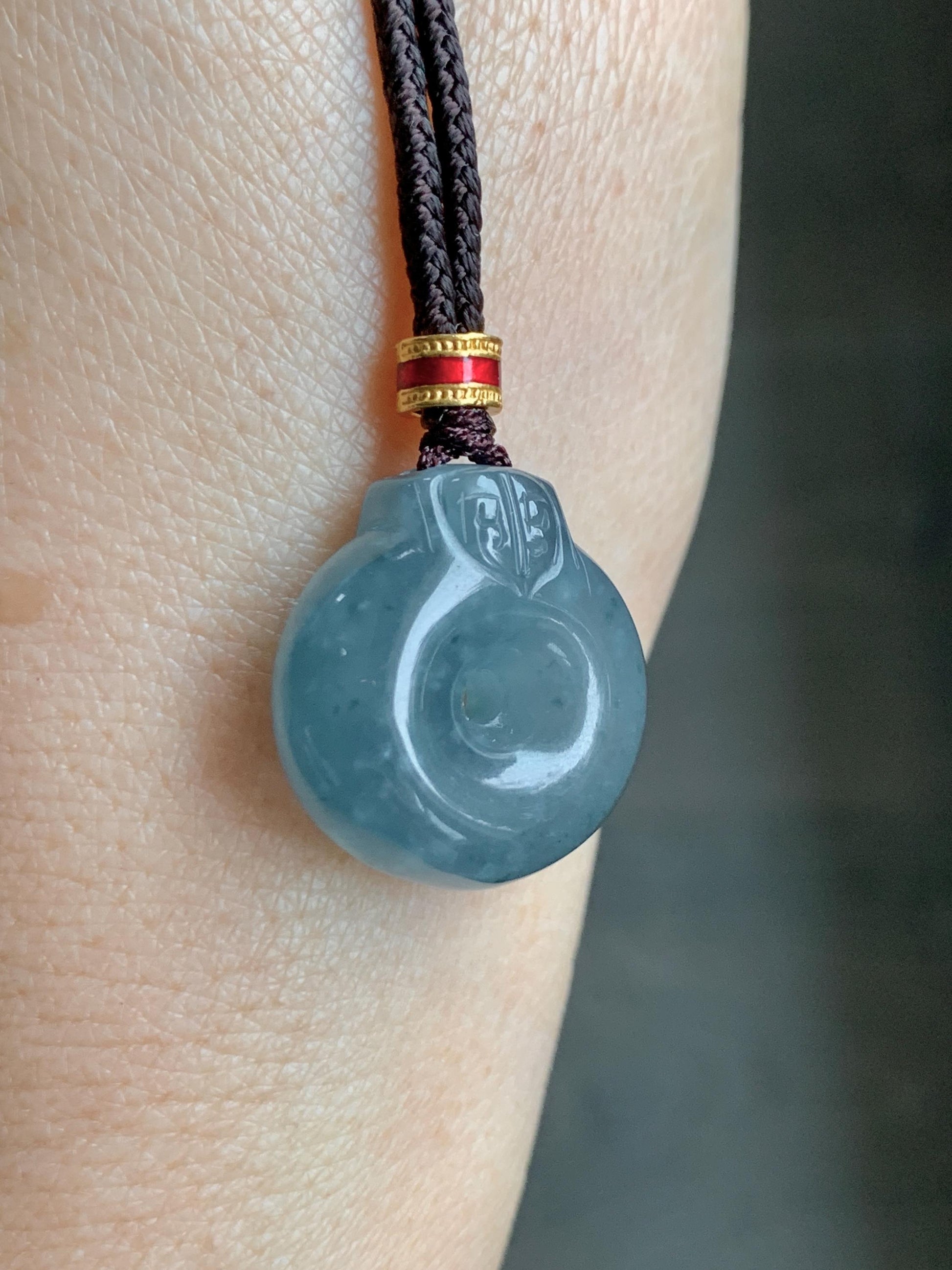 Natural Grade A Guatemalan Icy Translucent Dark Dusty Blue Jade Jadeite Ping An Kou Donut Pendant Rope Necklace 26” 天然冰危蓝翡翠平安扣吊坠项链 WFGK120