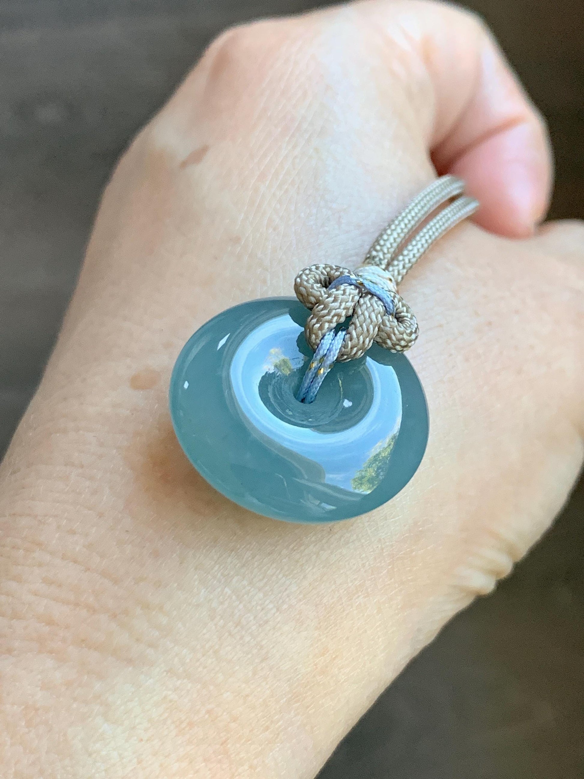 Natural Grade A Guatemalan Icy Highly Translucent Dusty Blue Jade Jadeite Ping An Kou Donut Pendant Rope Necklace 25" 天然冰危蓝翡翠平安扣吊坠项链 WLP88