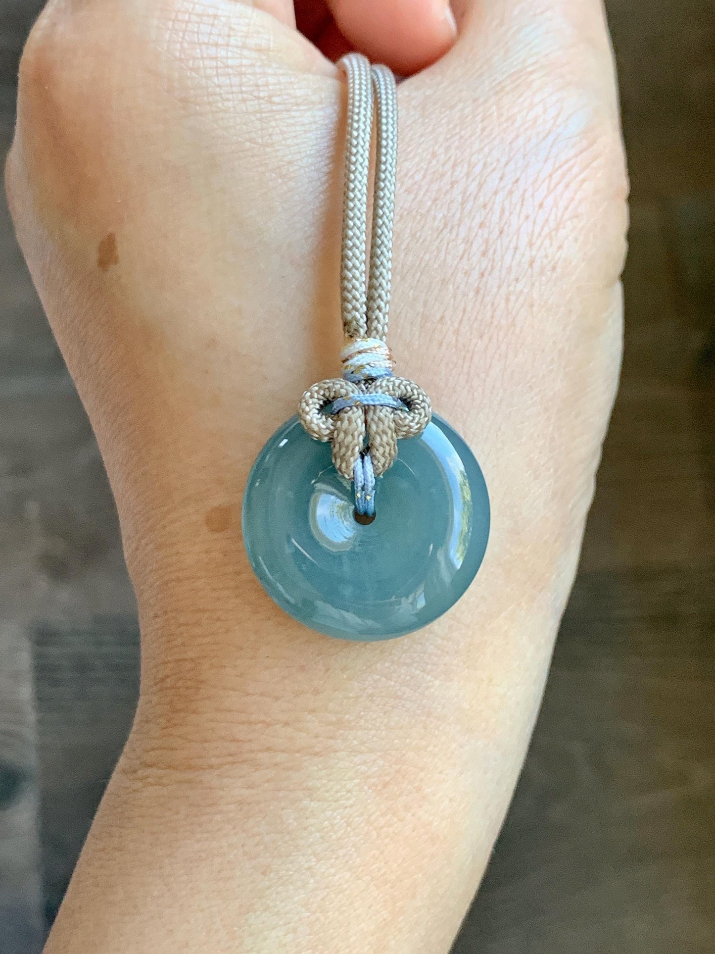Natural Grade A Guatemalan Icy Highly Translucent Dusty Blue Jade Jadeite Ping An Kou Donut Pendant Rope Necklace 25" 天然冰危蓝翡翠平安扣吊坠项链 WLP88