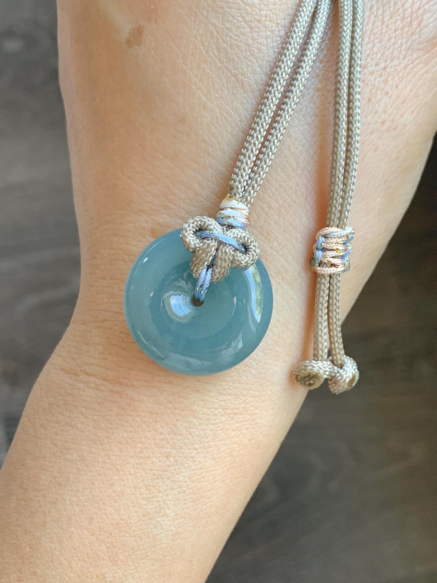 Natural Grade A Guatemalan Icy Highly Translucent Dusty Blue Jade Jadeite Ping An Kou Donut Pendant Rope Necklace 25" 天然冰危蓝翡翠平安扣吊坠项链 WLP88