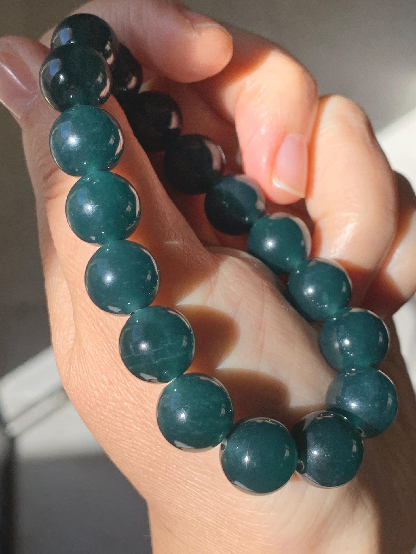 Natural Guatemalan Grade A Icy Translucent Dark Teal Green Jade Jadeite Beaded Bracelet Stretchy 11.8mm 7.25” 47g 天然冰危老种深蓝绿翡翠圆珠手串 SLW328