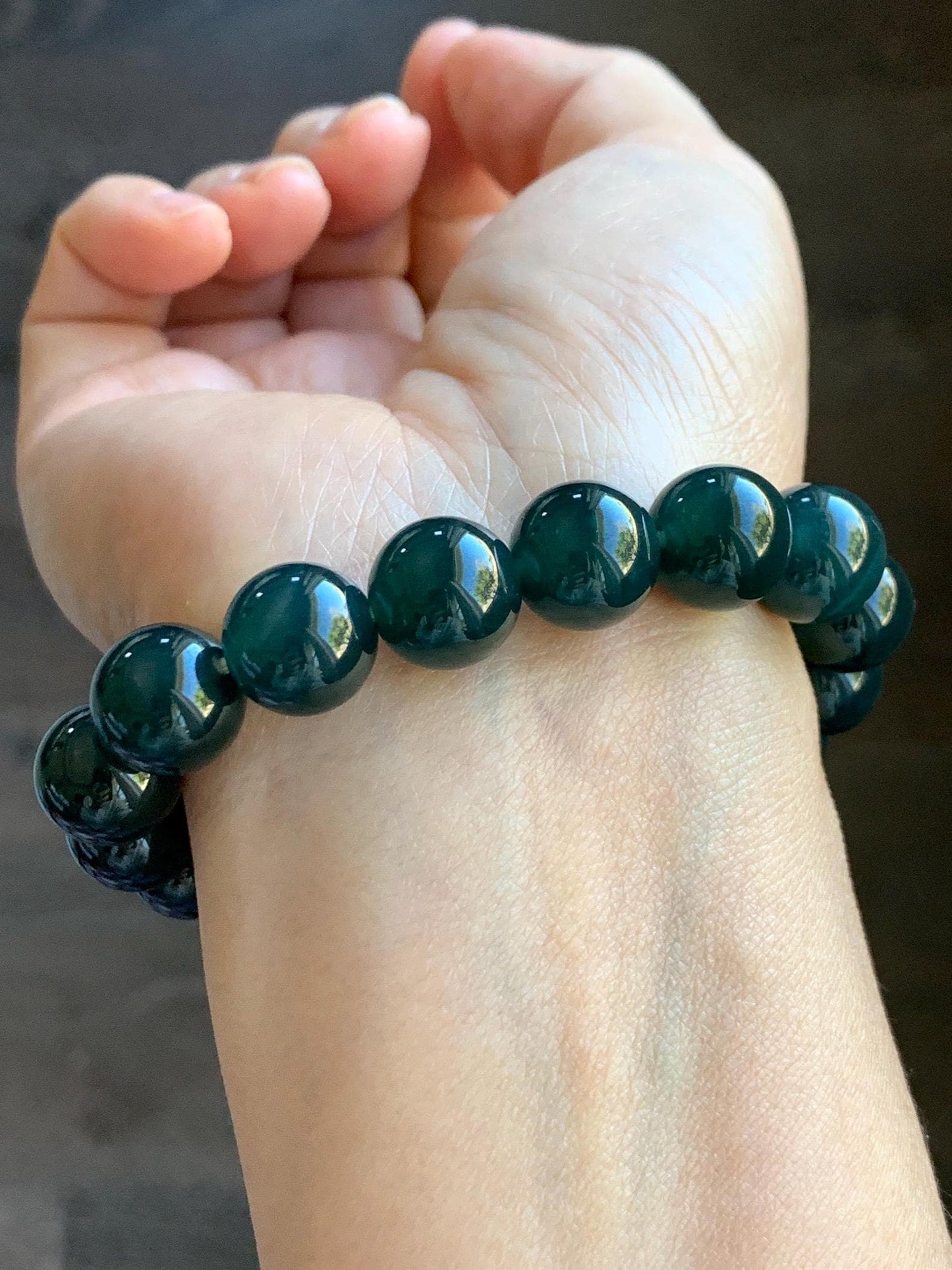 Natural Guatemalan Grade A Icy Translucent Dark Teal Green Jade Jadeite Beaded Bracelet Stretchy 11.8mm 7.25” 47g 天然冰危老种深蓝绿翡翠圆珠手串 SLW328