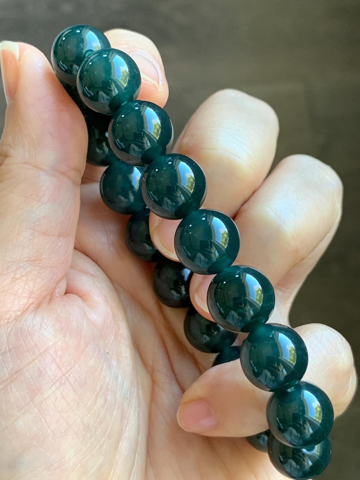 Natural Guatemalan Grade A Icy Translucent Dark Teal Green Jade Jadeite Beaded Bracelet Stretchy 11.8mm 7.25” 47g 天然冰危老种深蓝绿翡翠圆珠手串 SLW328